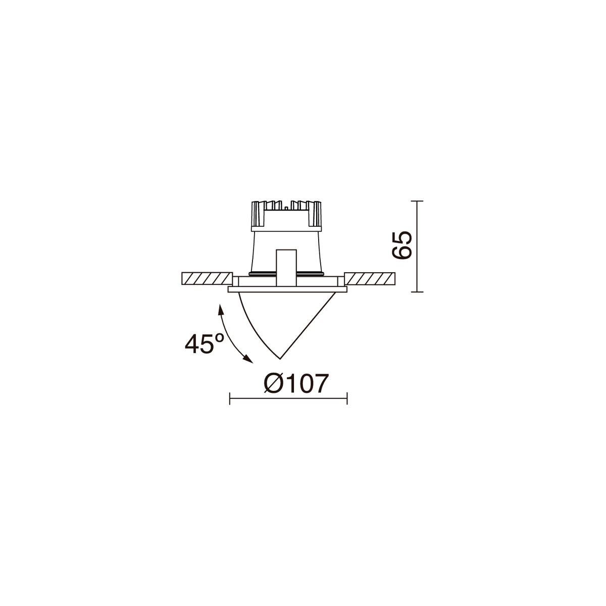 Schéma technique du spot encastrable avec diamètre 107 mm, hauteur 65 mm et orientation 45 degrés.