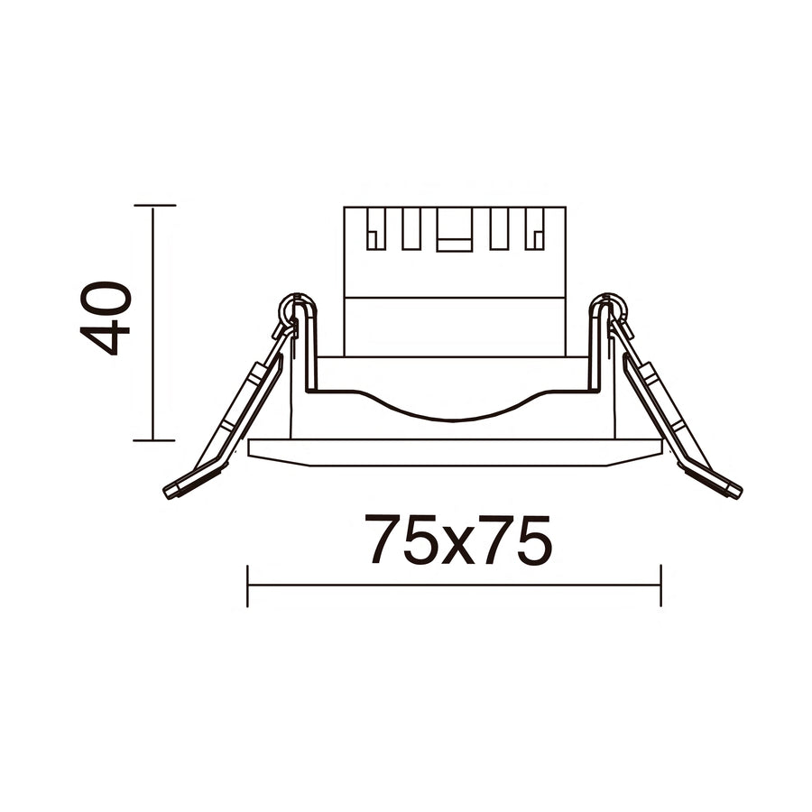 Schéma de dimensions du spot carré 75 x 75 mm, hauteur 40 mm
