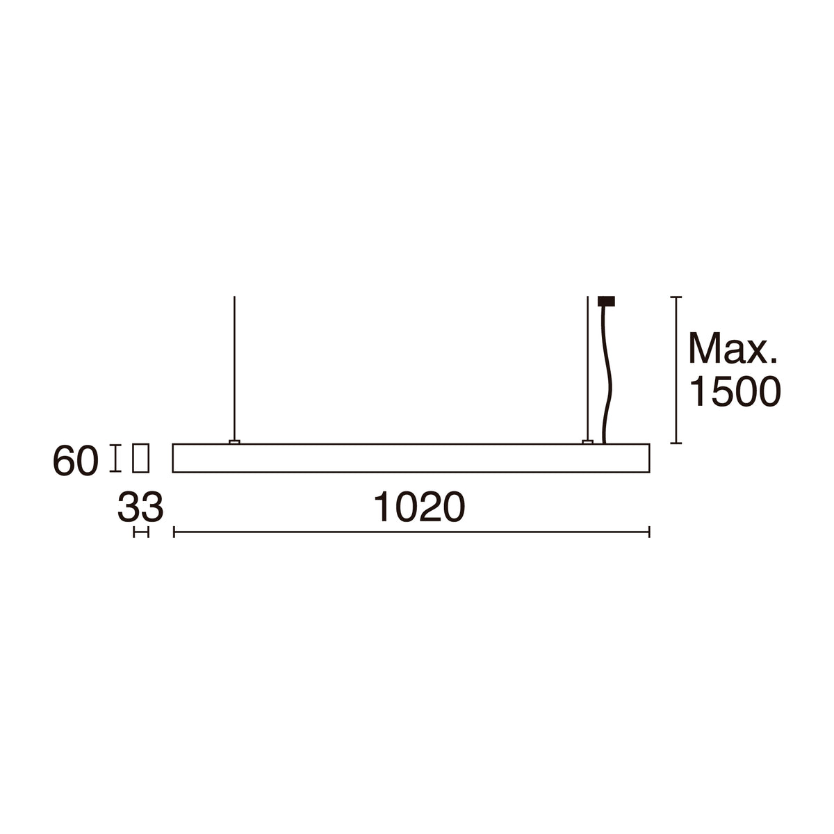 Schéma de dimensions avec longueur, hauteur et suspension maximale