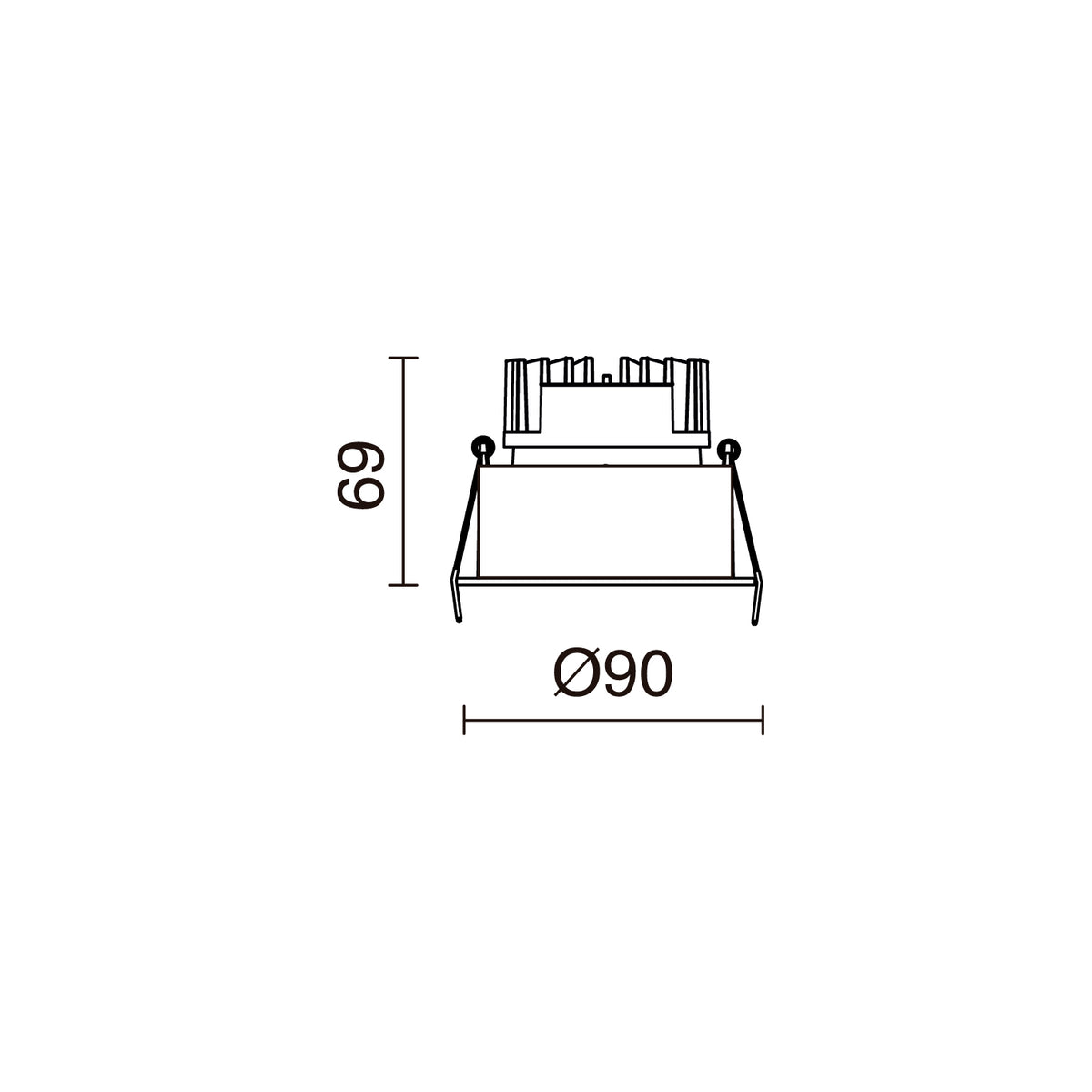 Schéma de dimensions : diamètre 90 mm et hauteur 69 mm.