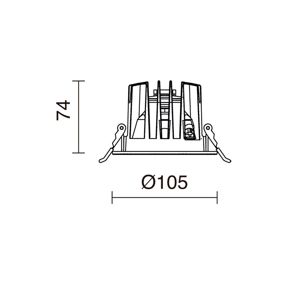 Plan technique coté du spot avec diamètre 105 mm et hauteur 74 mm