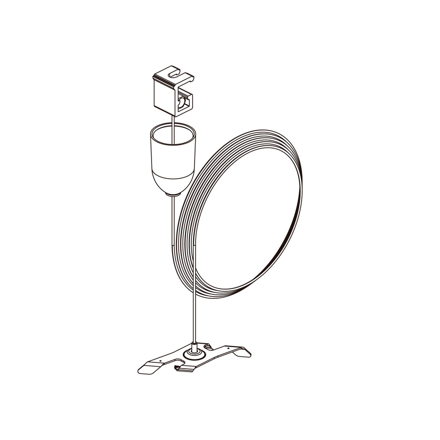 Schéma technique du kit montrant la poulie, le câble et la platine de fixation.