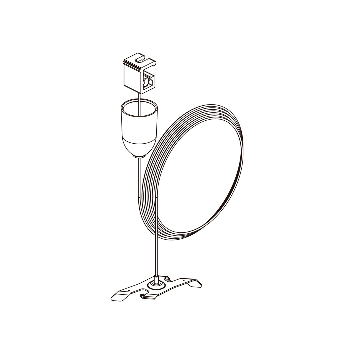 Schéma technique du kit montrant la poulie, le câble et la platine de fixation.