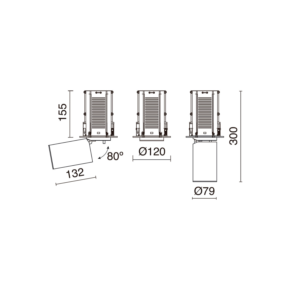 Schéma technique coté du spot avec hauteur, diamètre de découpe et angle d'inclinaison