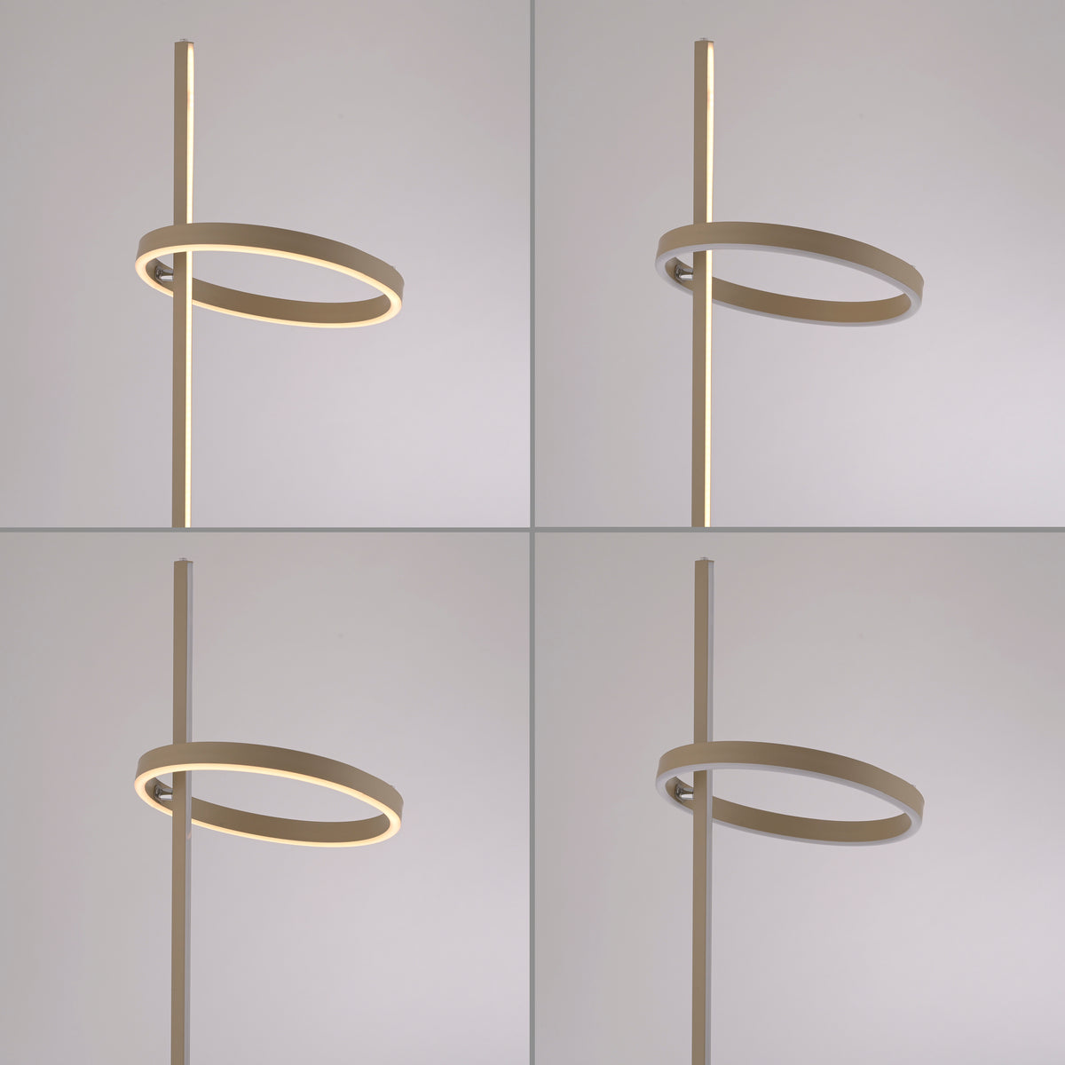 Vue rapprochée en quatre angles du lampadaire, anneau lumineux et tige verticale.