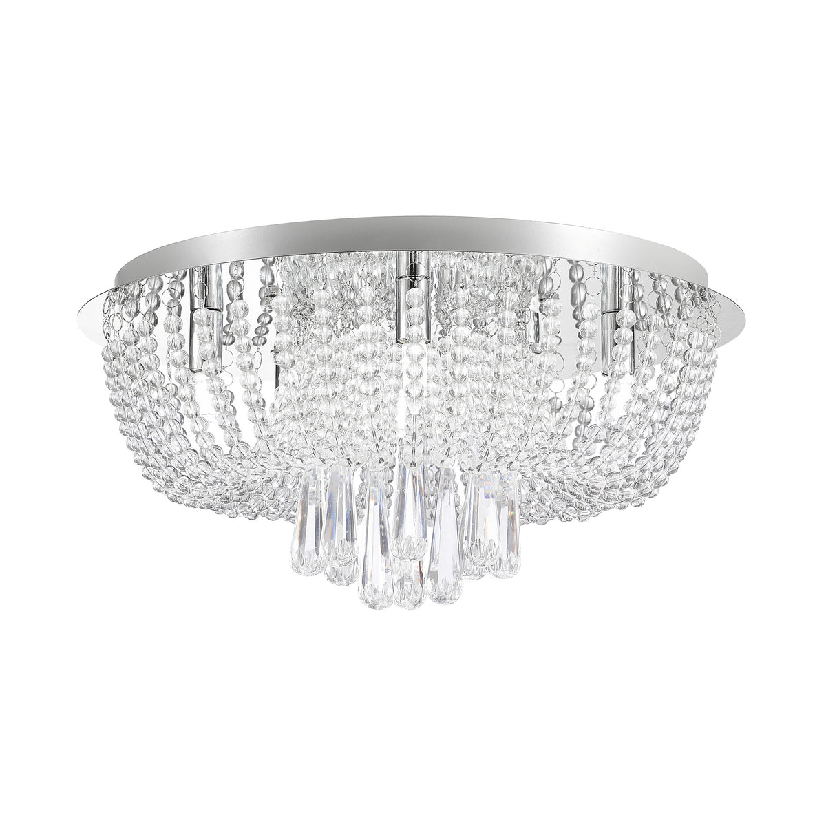 Plafonnier rond en verre transparent avec perles et pampilles, monture chromée.