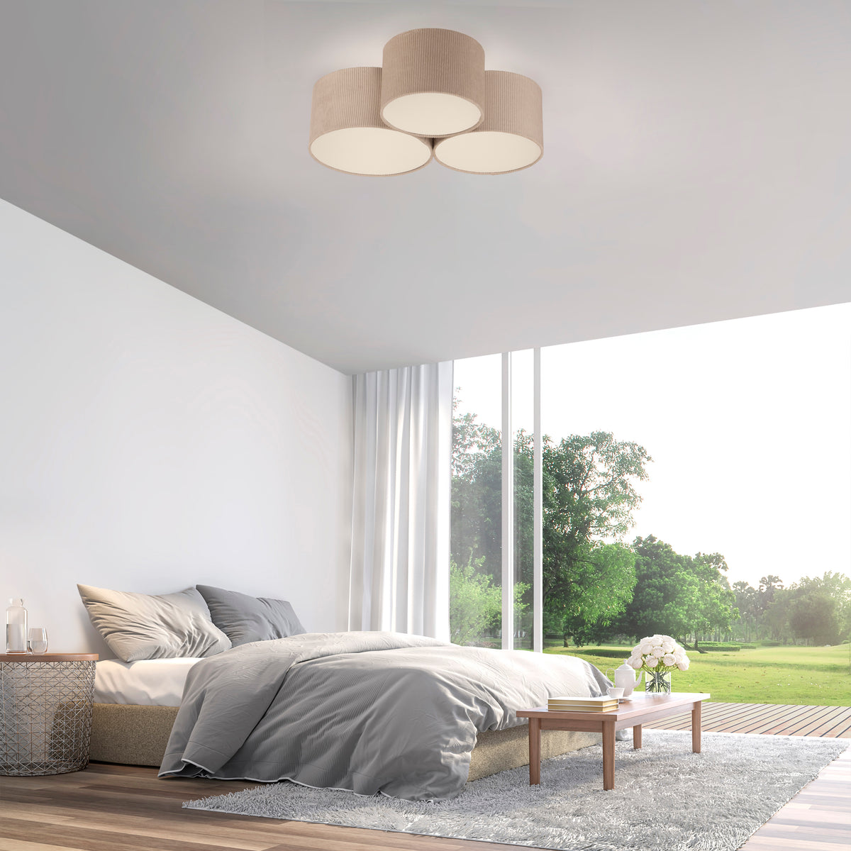 Mise en ambiance dans une chambre moderne, plafonnier beige allumé au plafond.