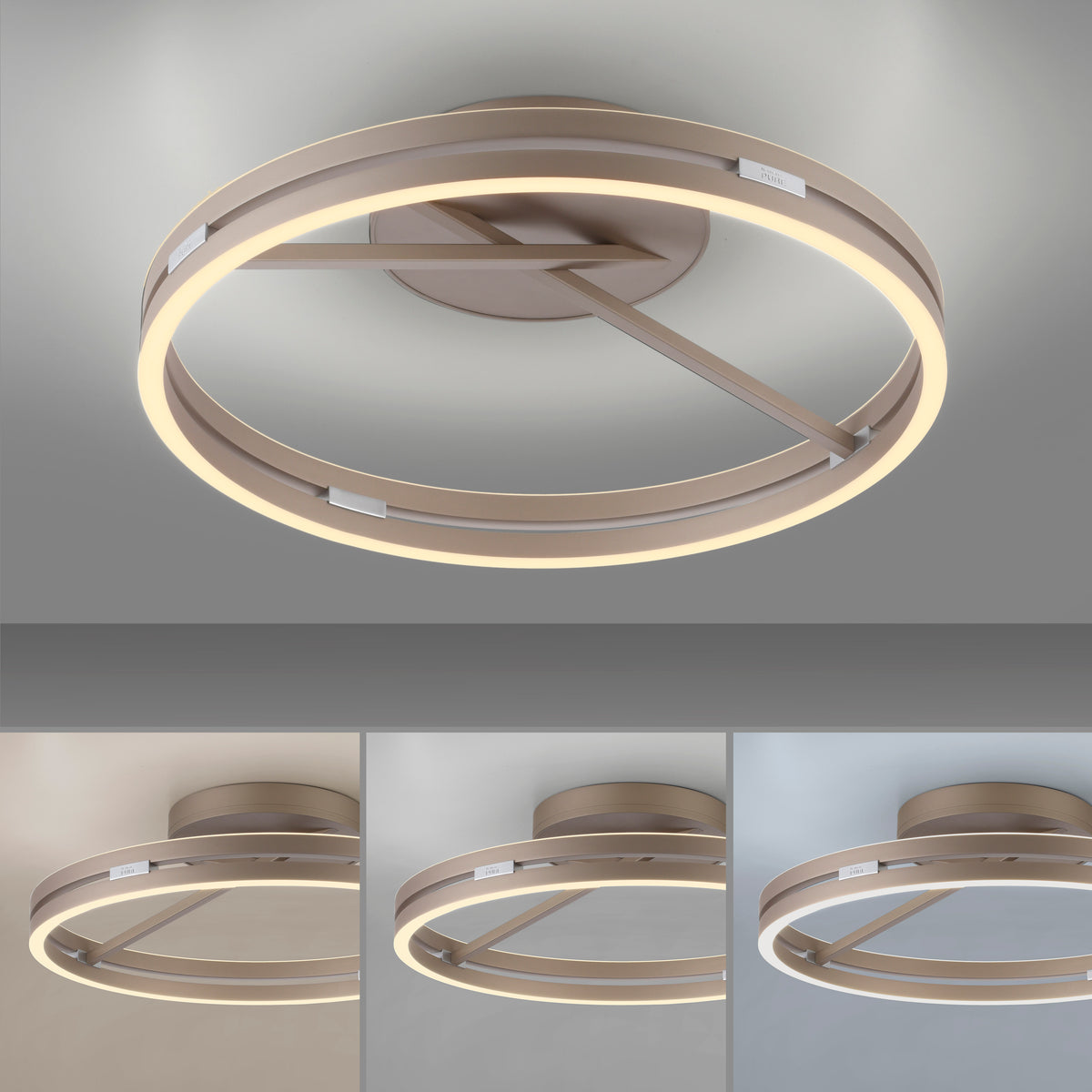Vue par en dessous du plafonnier allumé, avec trois variantes de luminosité