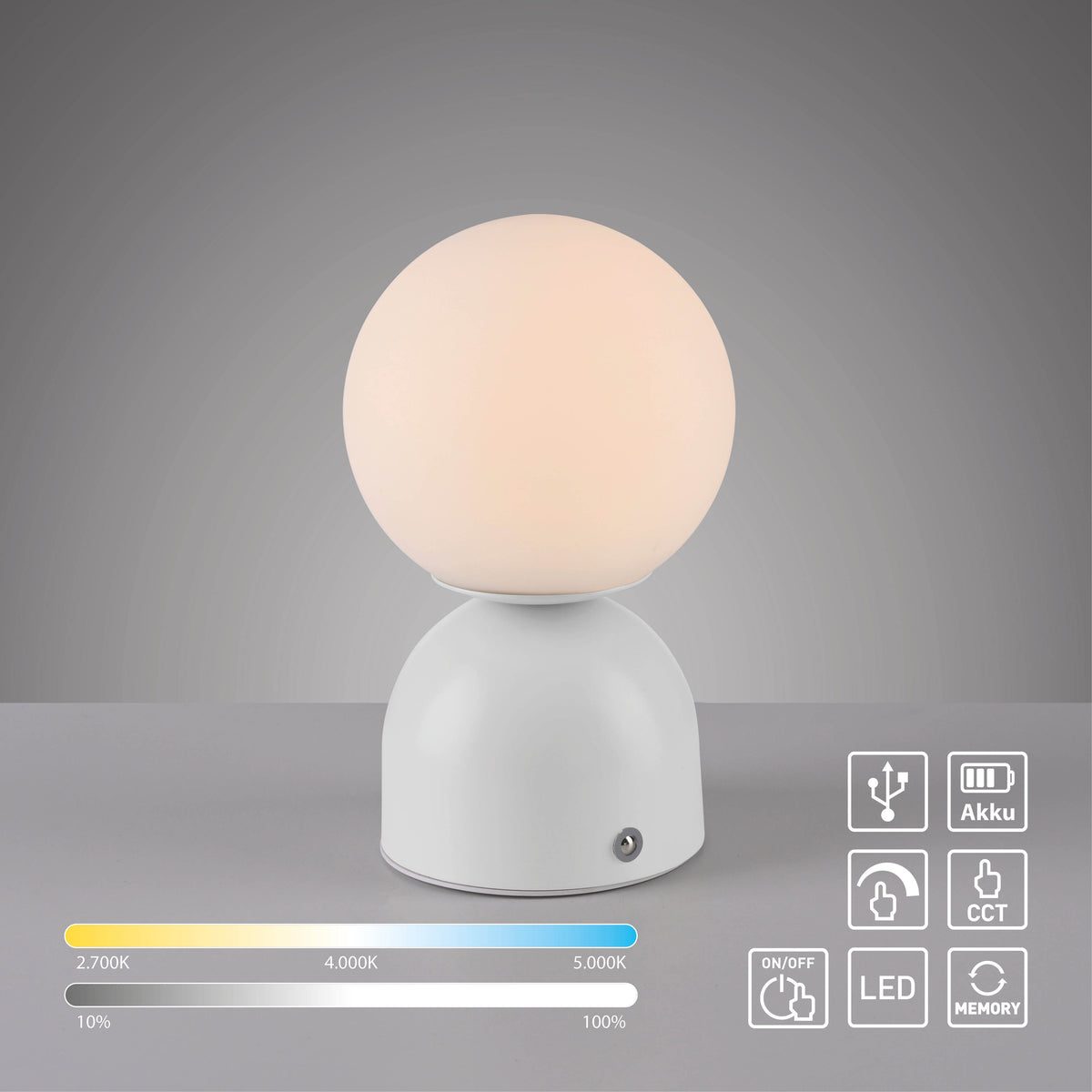 Lampe blanche présentée avec icônes USB, batterie et réglage CCT, échelle de température.