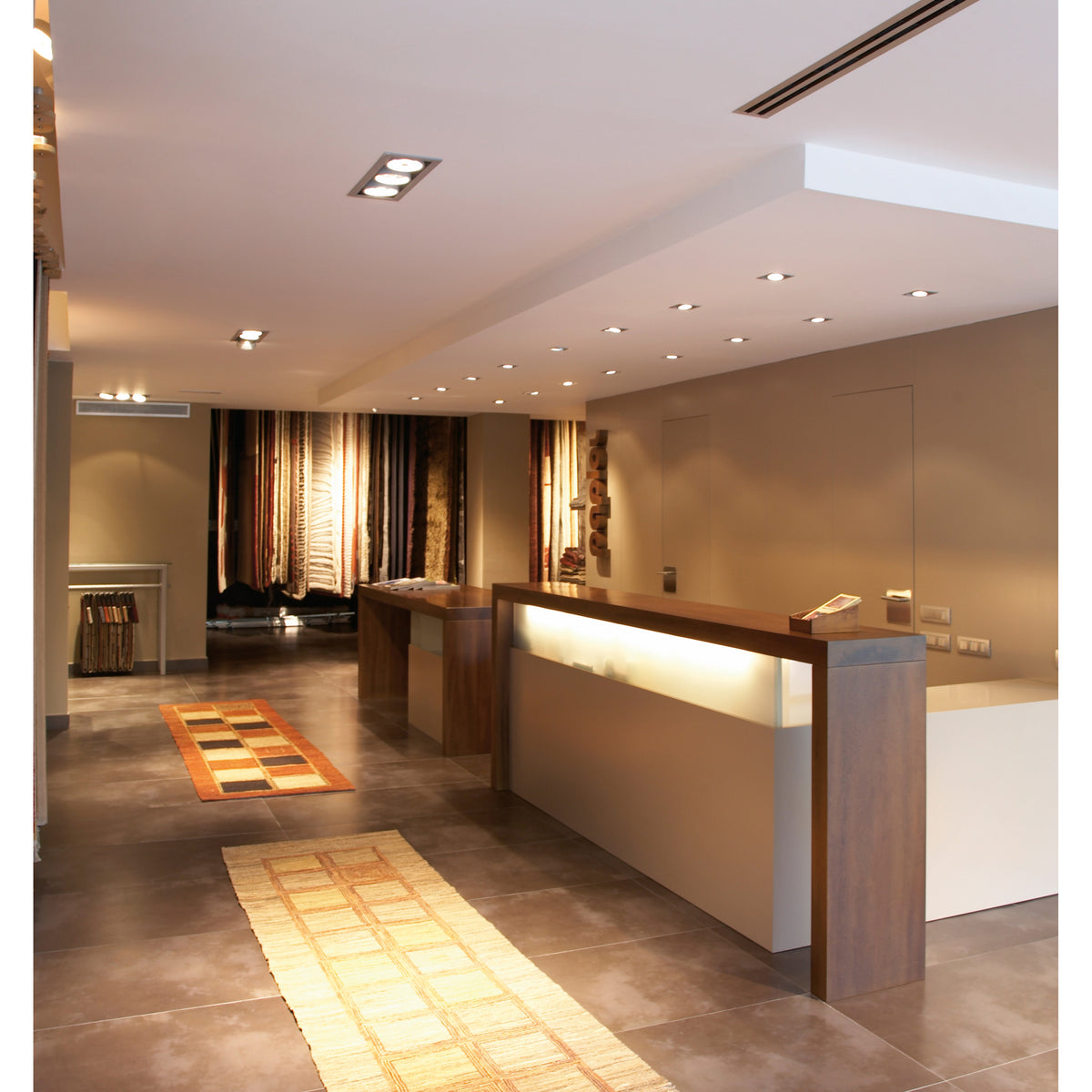 Vue large du plafond équipé de spots encastrés dans un espace d'accueil avec tapis colorés.