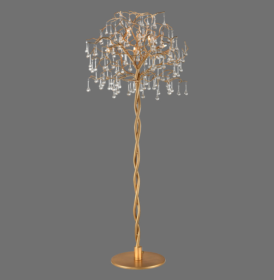 Lampadaire doré au pied torsadé et branches garnies de gouttes de cristal, vue de face