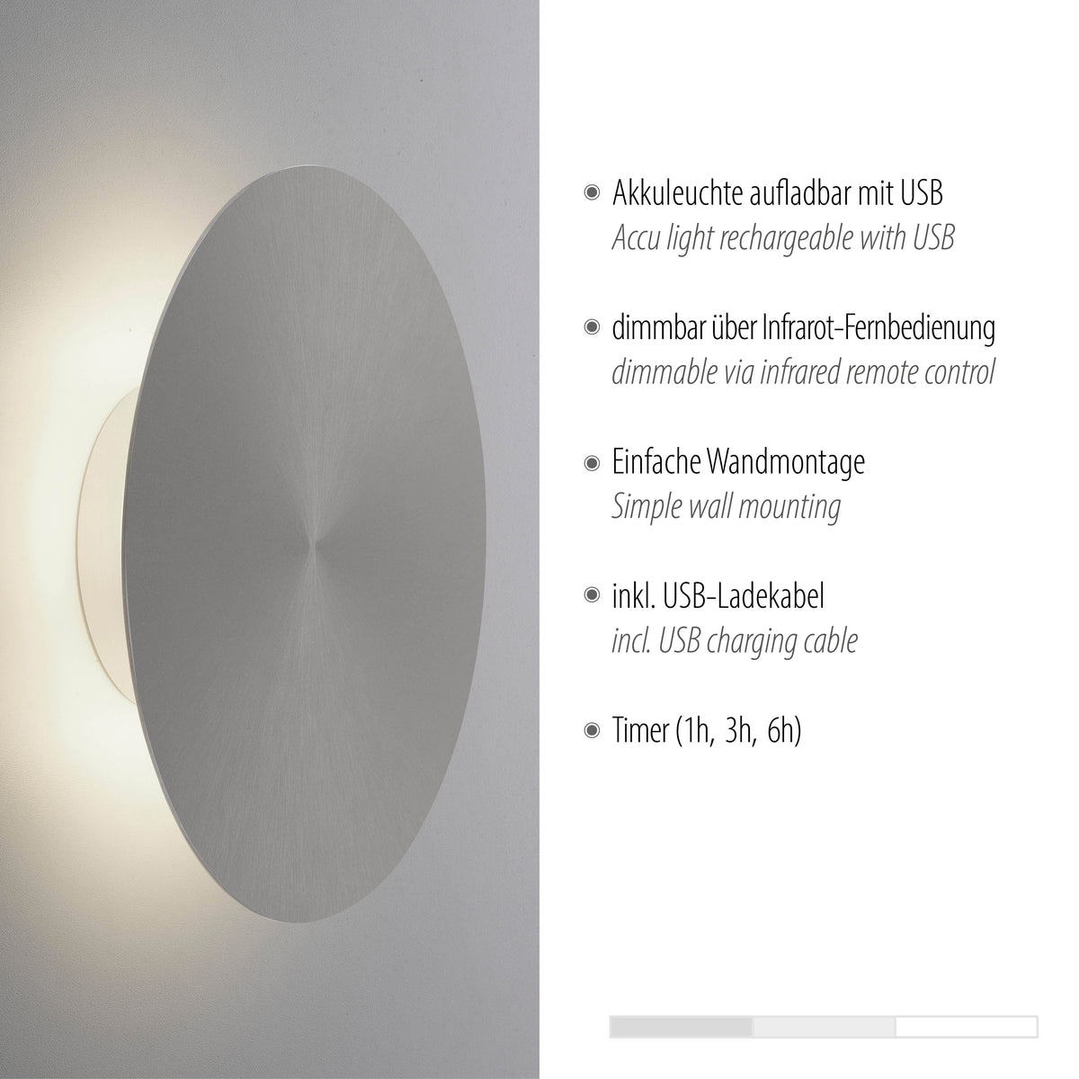 Vue de biais éclairée, halo lumineux et liste des caractéristiques