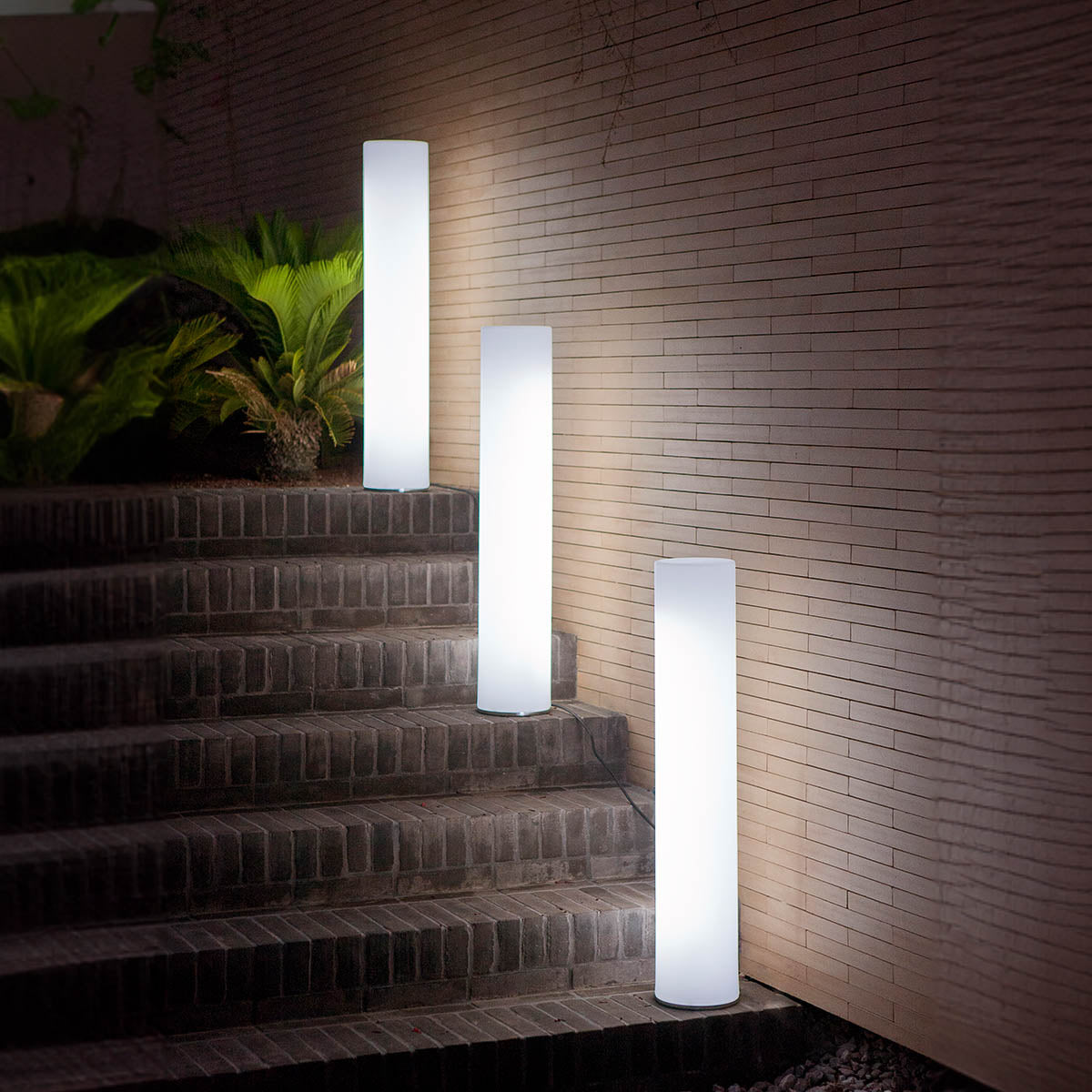 Trois lampadaires cylindriques blancs allumés sur des marches en pierre, plantes exotiques la nuit