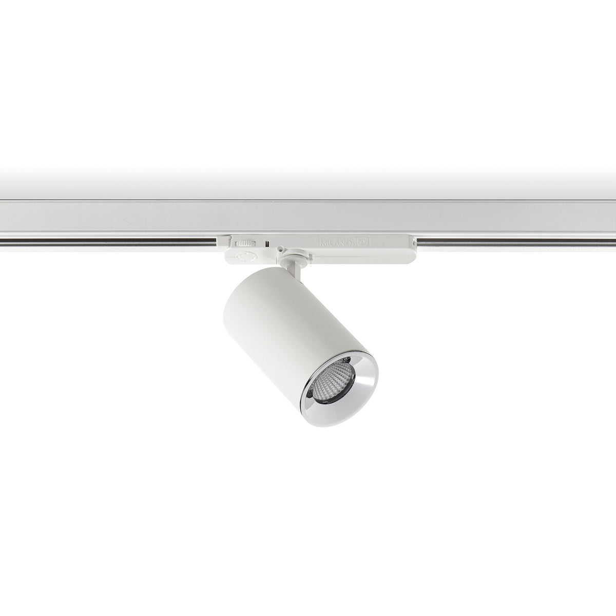 Vue rapprochée du spot blanc sur rail, mettant en évidence la lentille LED.