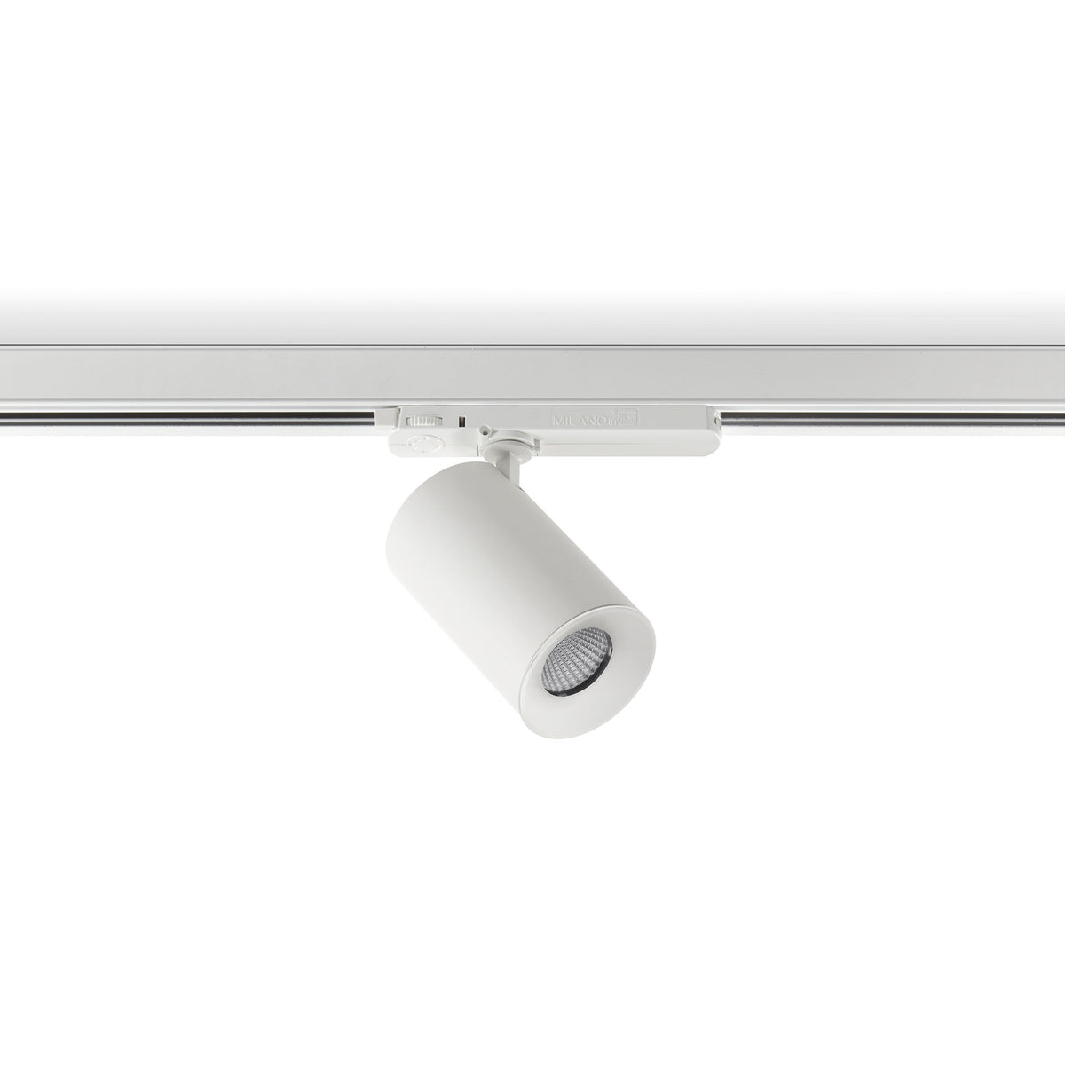 Spot sur rail blanc orientable, vue de face sur fond neutre.