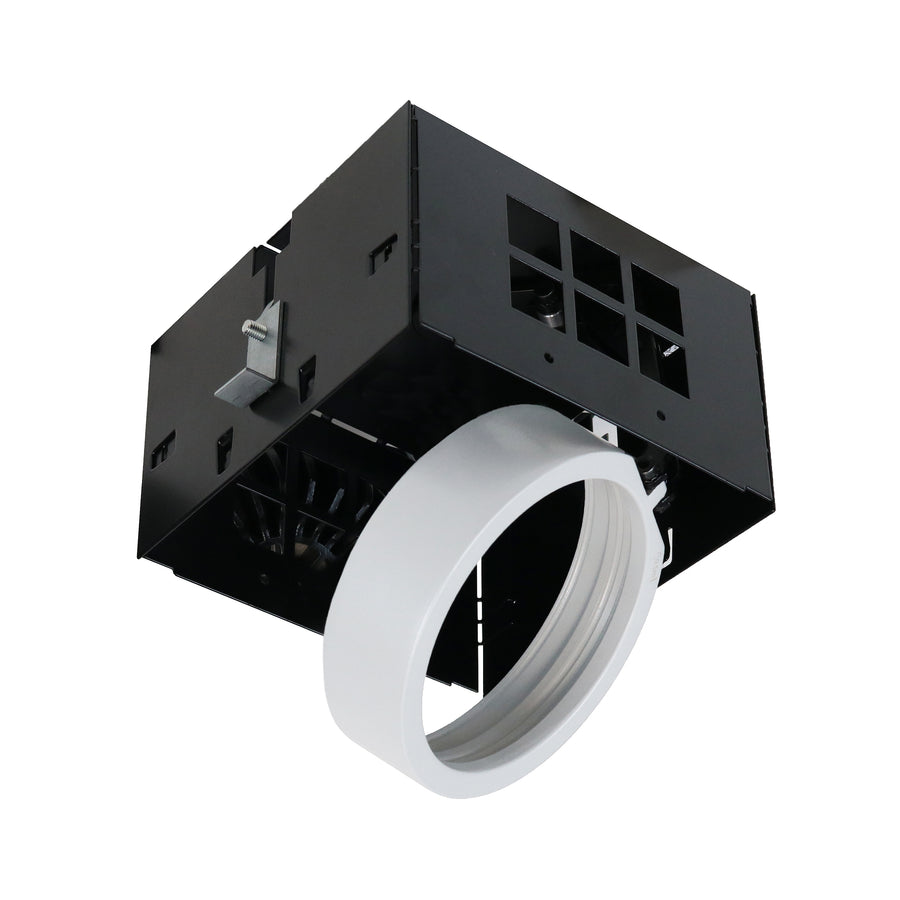 Spot encastrable noir orientable vu de trois quarts avec bague blanche.
