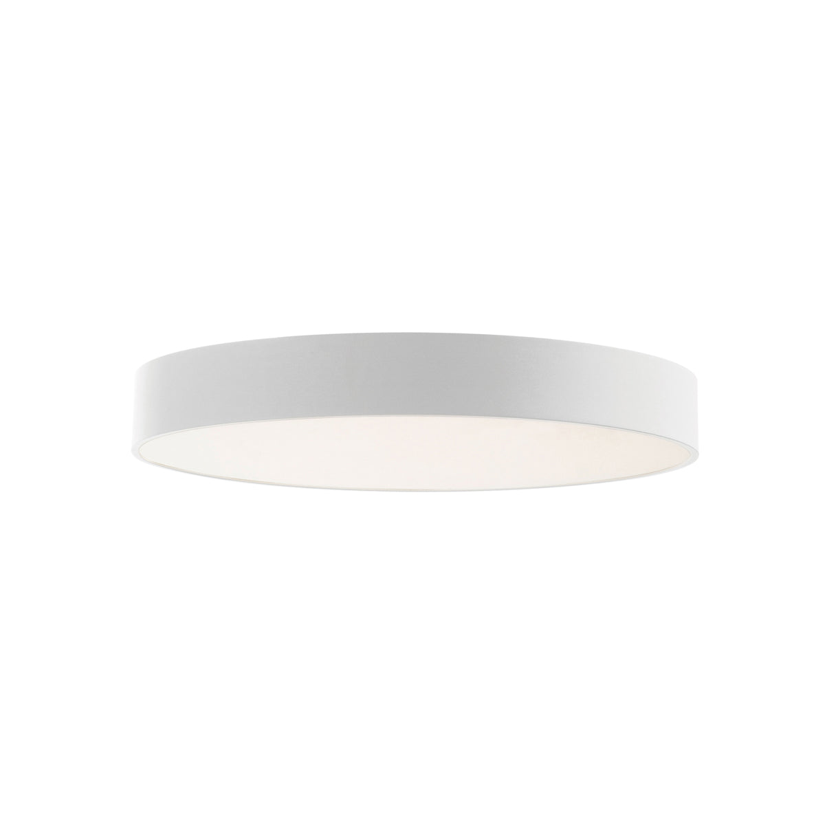 Plafonnier rond blanc de face, montrant son diffuseur lumineux et sa robe fine.