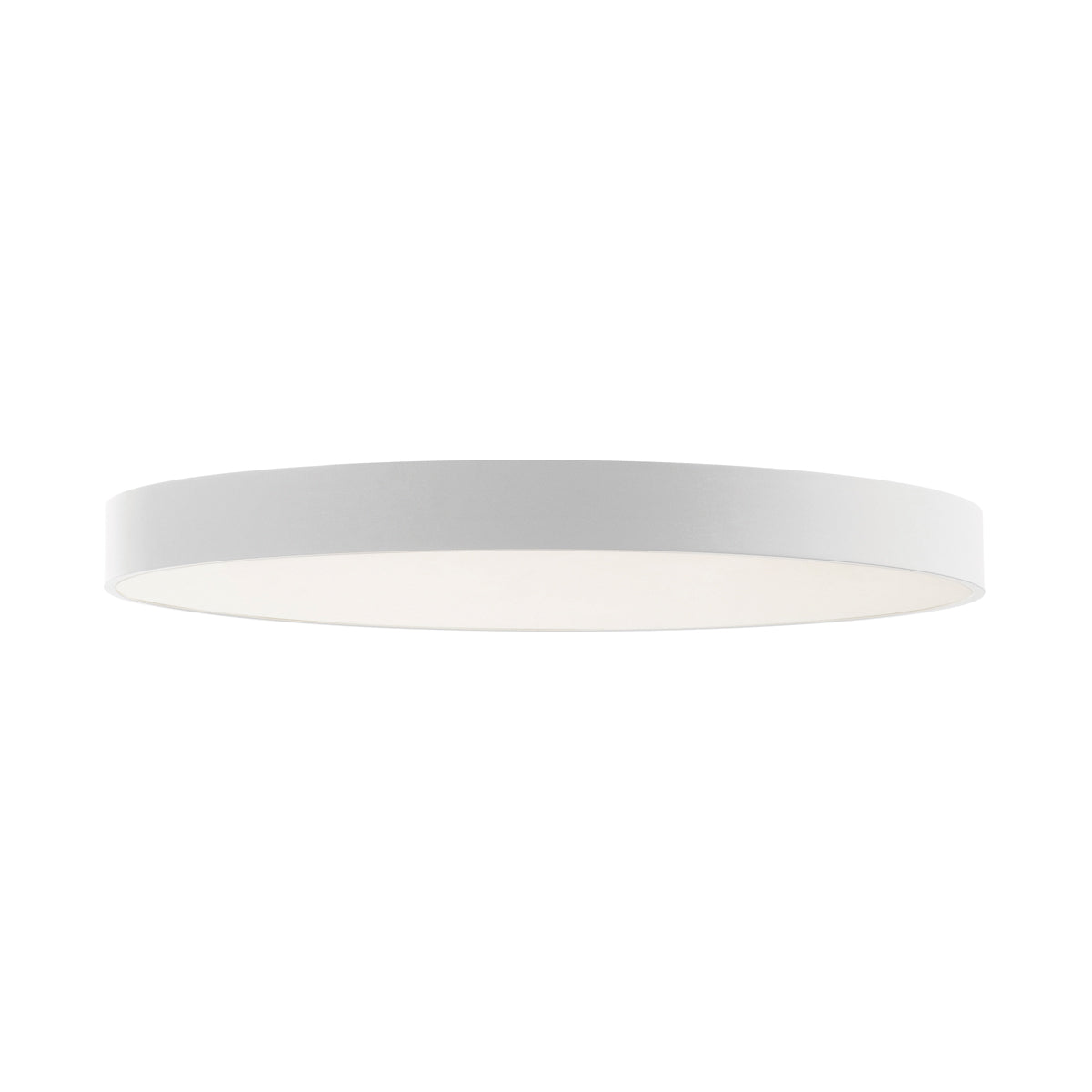 Plafonnier rond blanc vu de face, diffuseur opalin et cerclage fin.