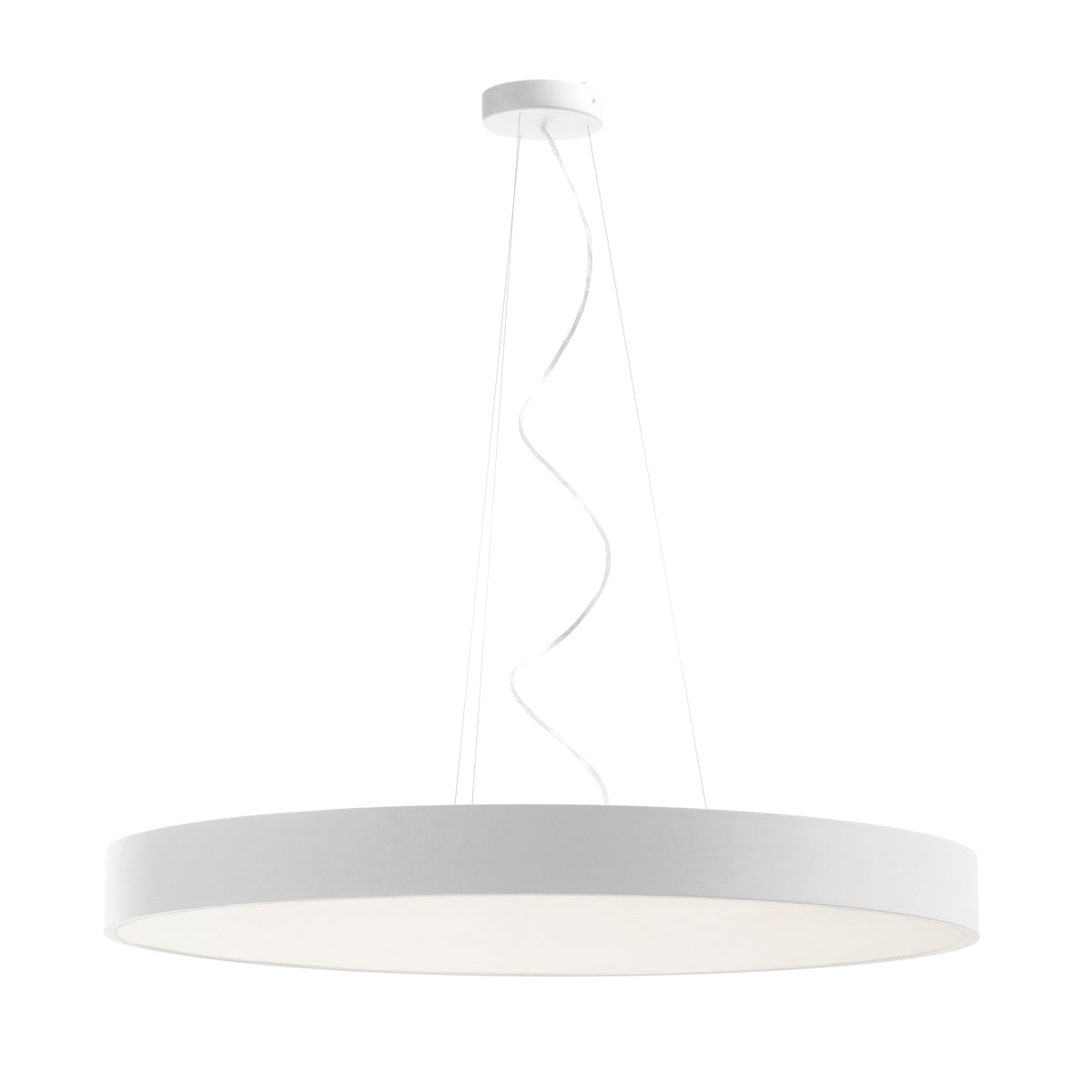 Suspension circulaire blanche vue de face avec diffuseur lumineux intégré.