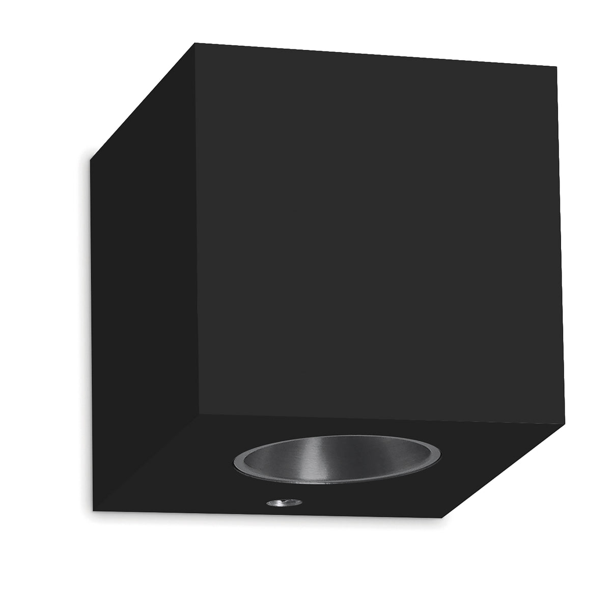 Version noire de l'applique cube, angle mettant en valeur la sortie de lumière.