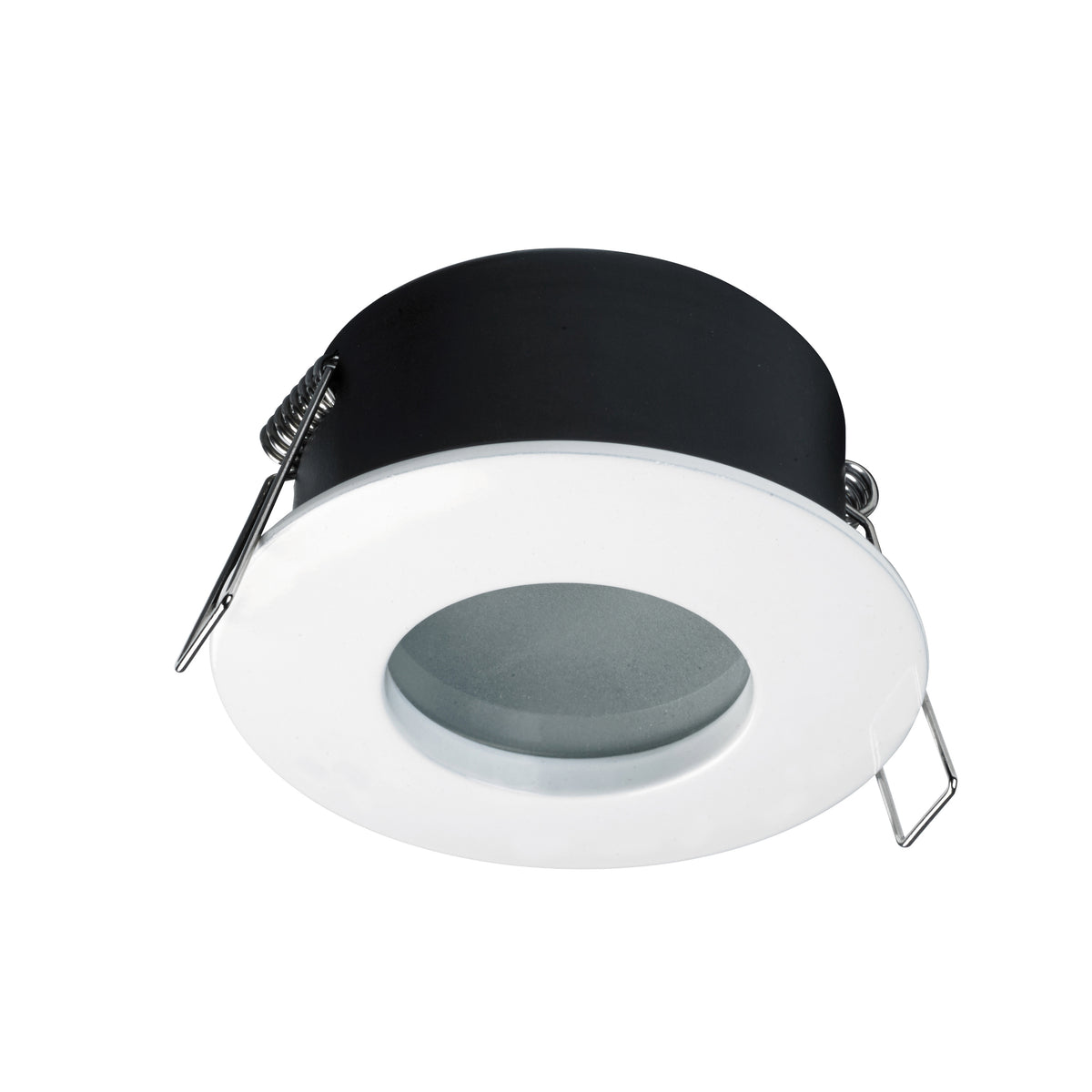 Spot encastrable rond vu de trois quarts, collerette blanche, corps noir et ressorts