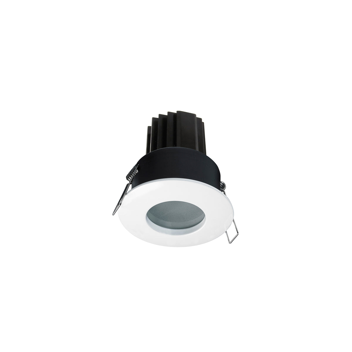 Spot encastrable rond blanc vu de trois quarts, dissipateur noir et clips de fixation.