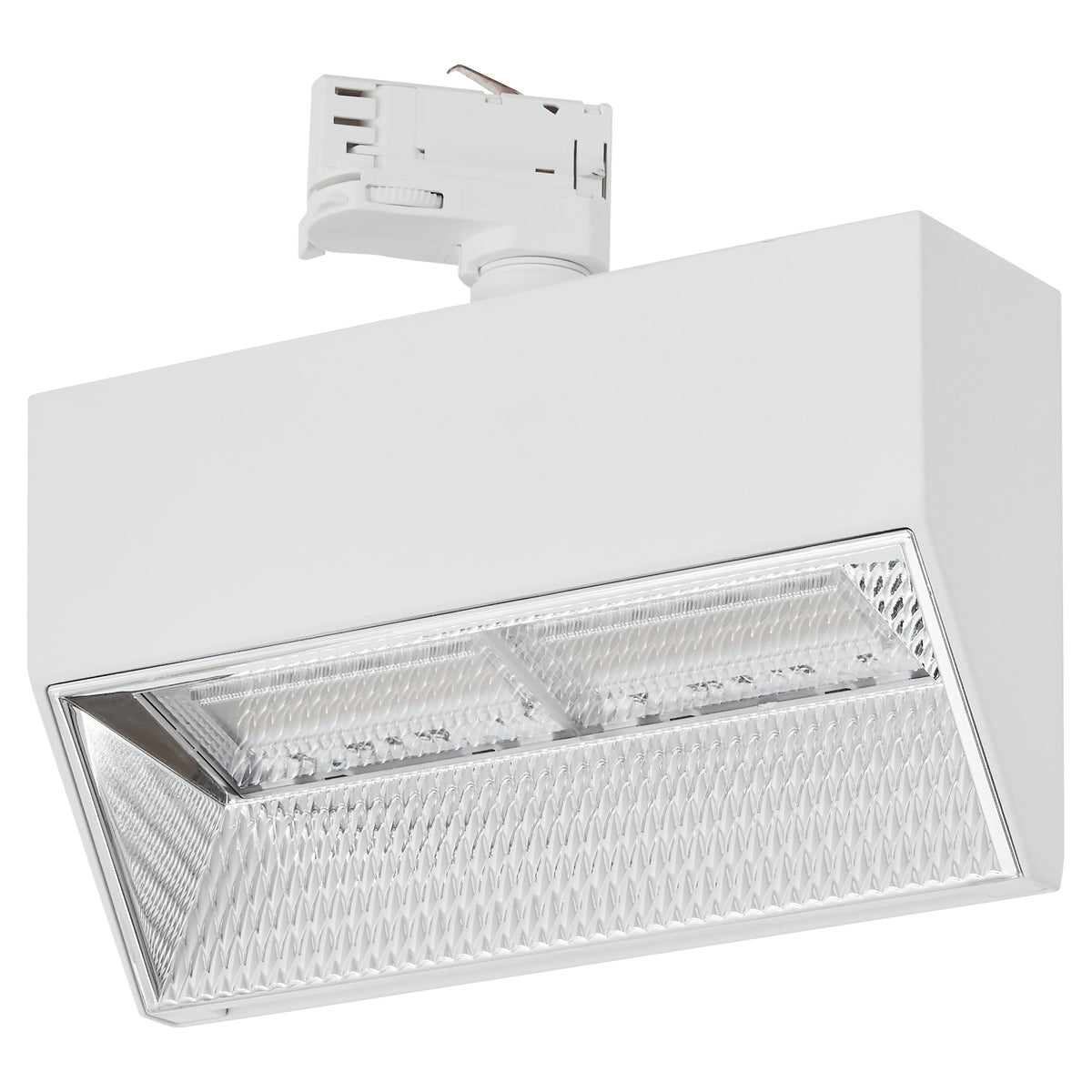 Spot blanc rectangulaire sur rail, adaptateur et diffuseur prismatique, vue de trois quarts.