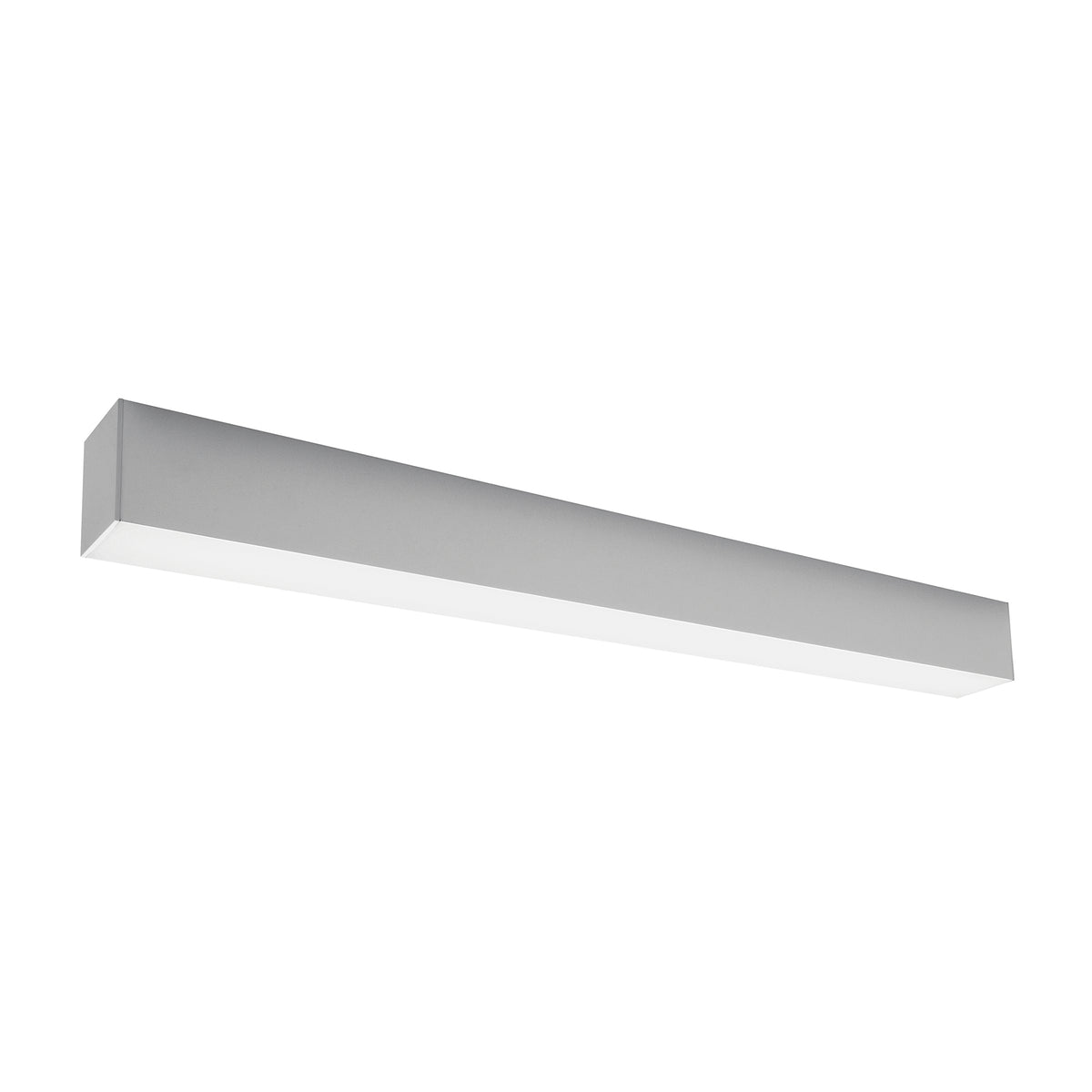 Luminaire linéaire gris vu de trois quarts, diffuseur blanc