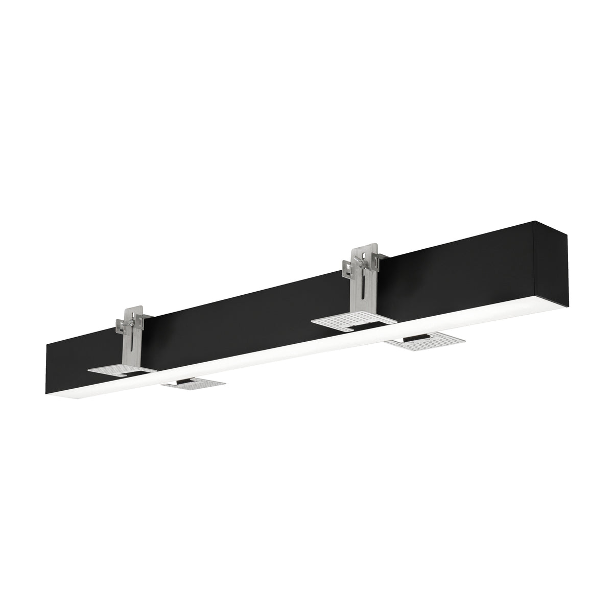 Version noire du luminaire encastré, détail des clips métalliques et du diffuseur lumineux