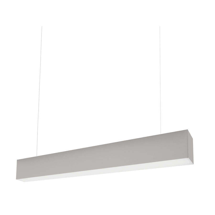 Version grise du luminaire linéaire, vue en perspective avec ses câbles.