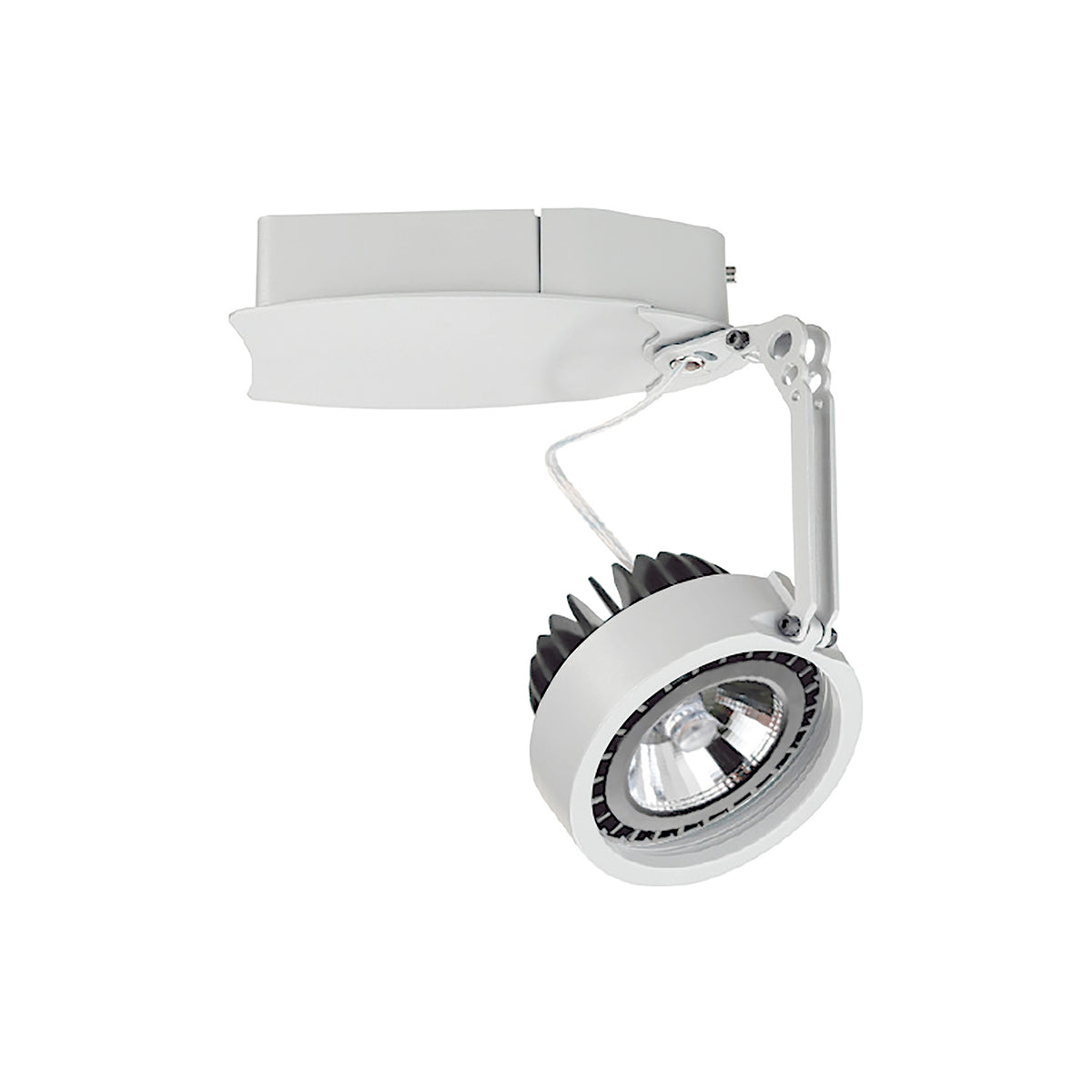Spot blanc orientable vu de profil, tête ronde et support articulé