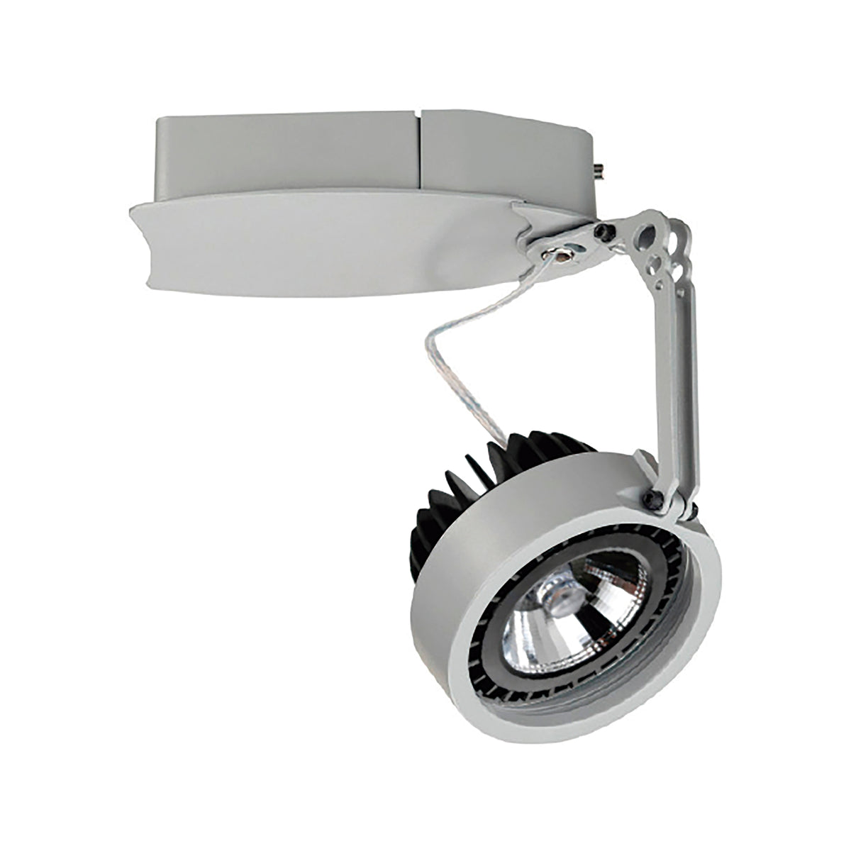 Spot blanc orientable sur tige articulée, tête ronde et dissipateur arrière visible.