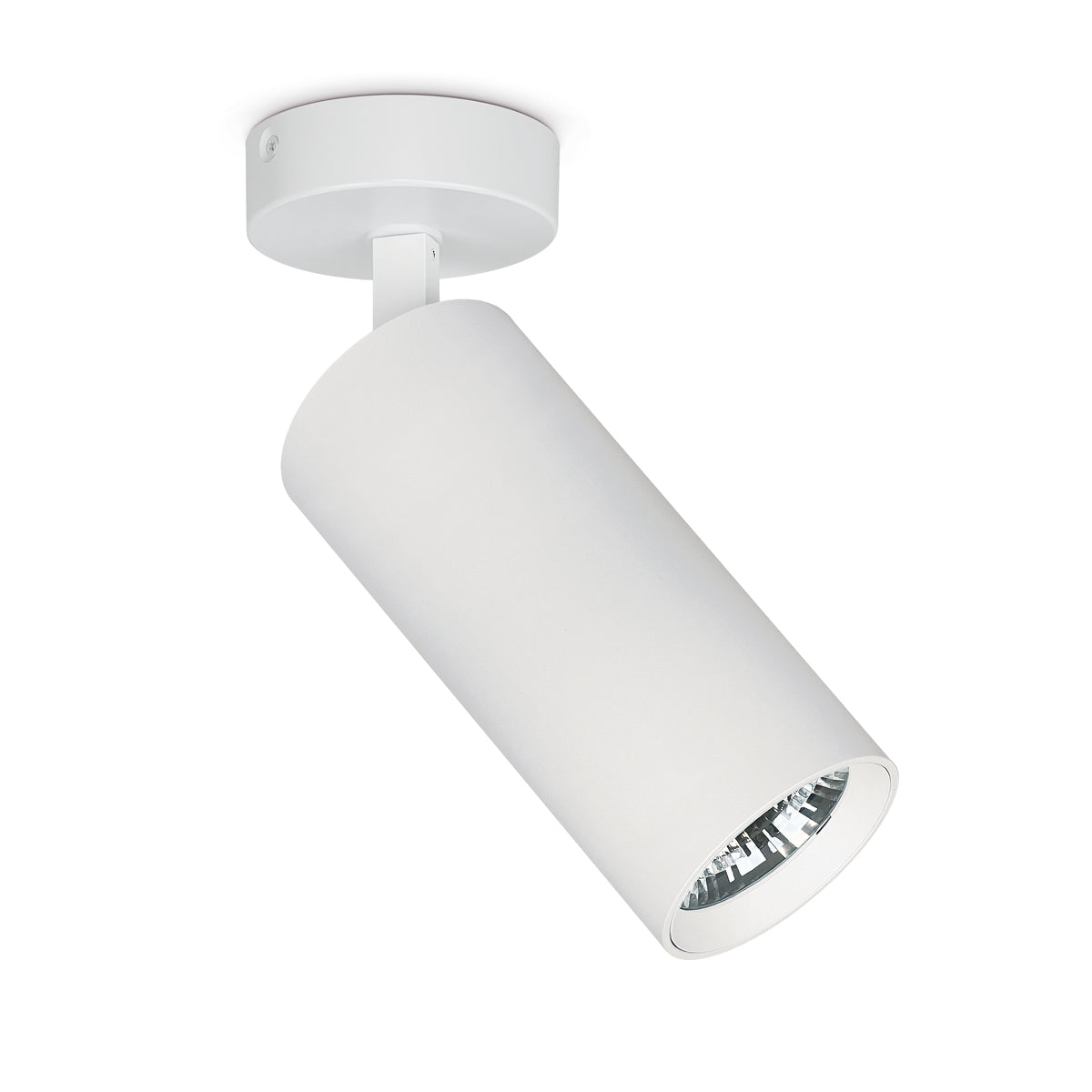 Spot en saillie blanc orientable, cylindre allongé fixé sur embase ronde blanche