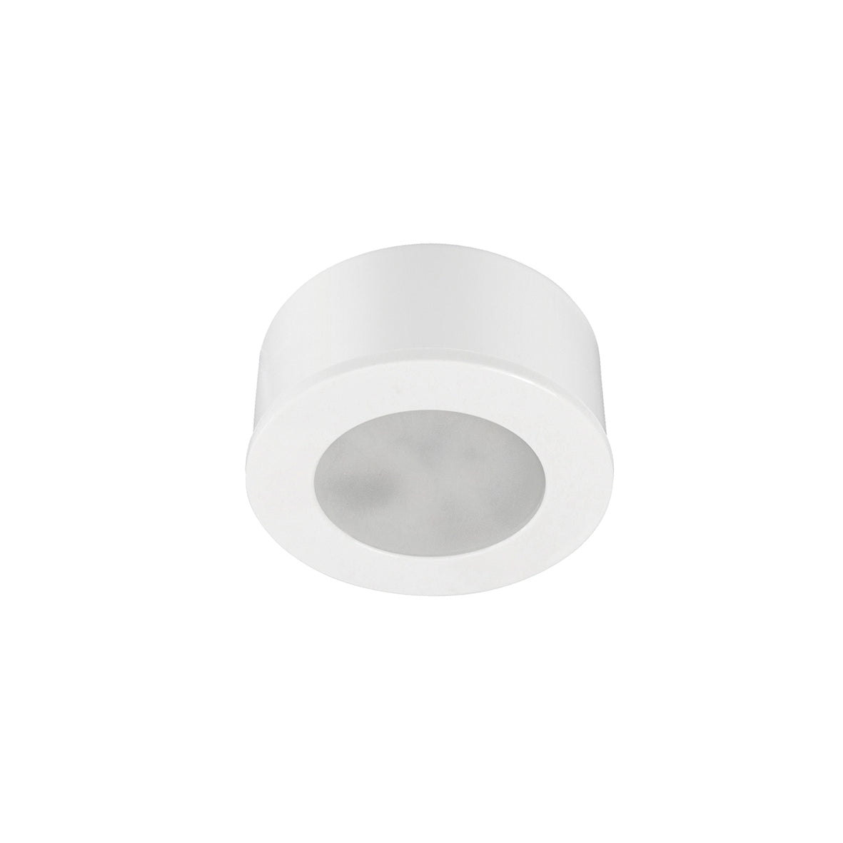 Spot LED blanc vu de face, boîtier cylindrique et diffuseur opale.