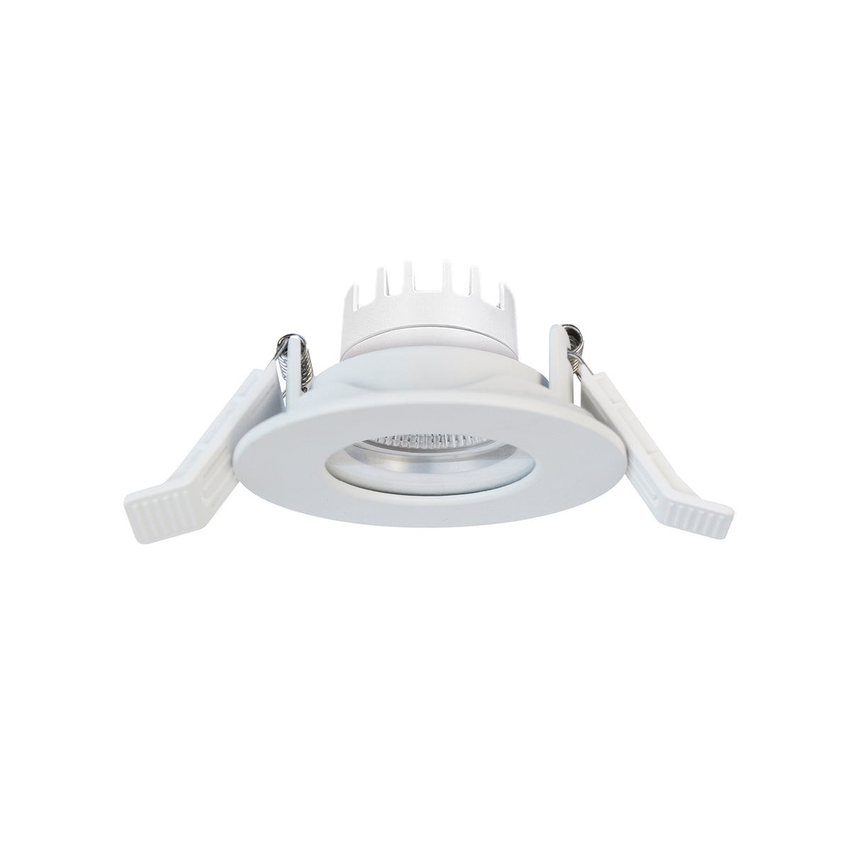 Spot encastrable blanc rond vu de face avec ressorts de fixation apparents