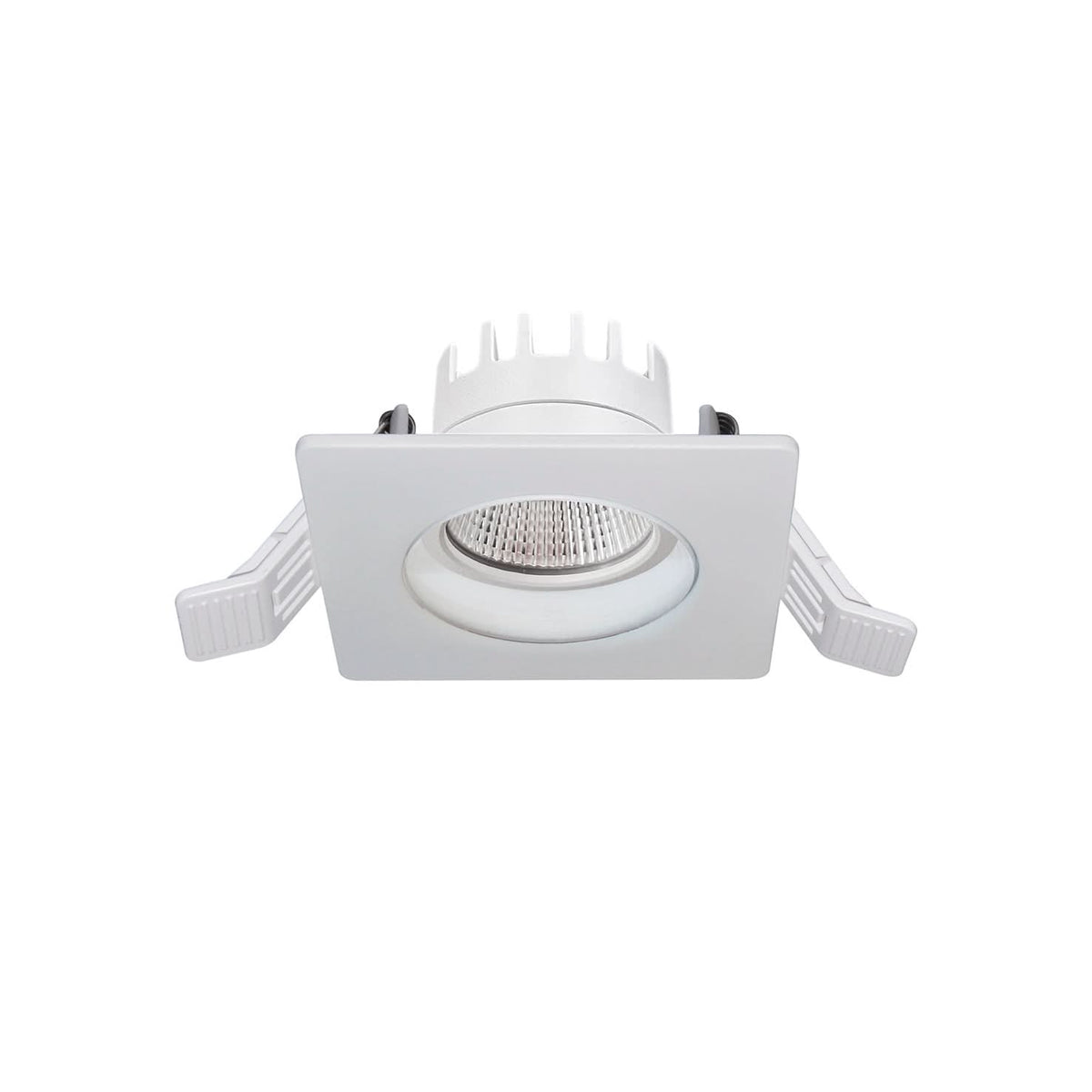 Spot LED encastrable blanc carré vu de face avec réflecteur et clips de fixation