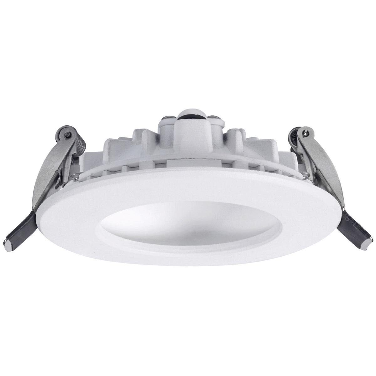 Spot LED encastrable blanc rond avec ressorts de fixation, vu de trois quarts.