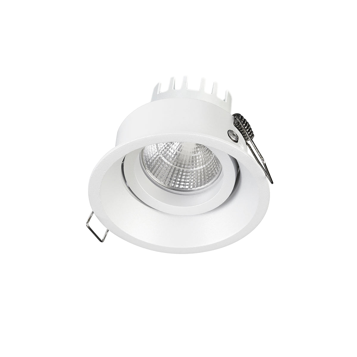 Spot encastrable blanc orientable, vu de face avec collerette ronde et diffuseur LED.