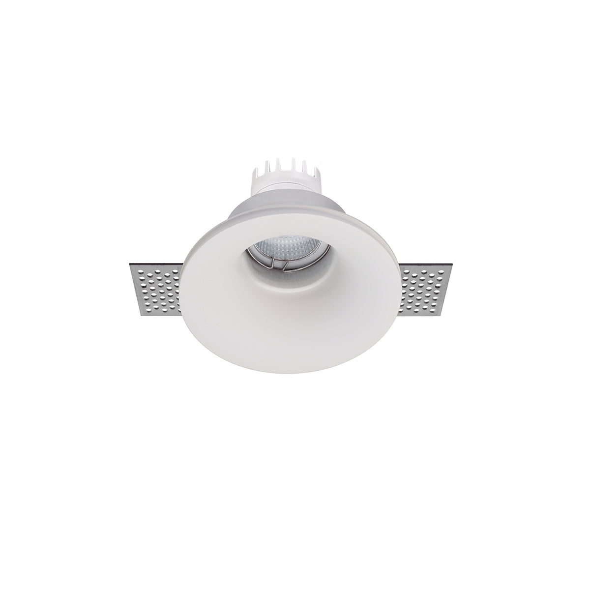 Spot LED encastré rond blanc présenté isolément avec ses ressorts de fixation.