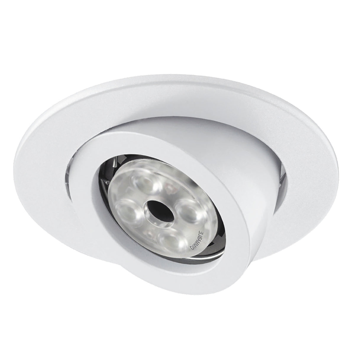 Spot encastrable blanc orientable, vue de face sur fond blanc, anneau circulaire et diffuseur.