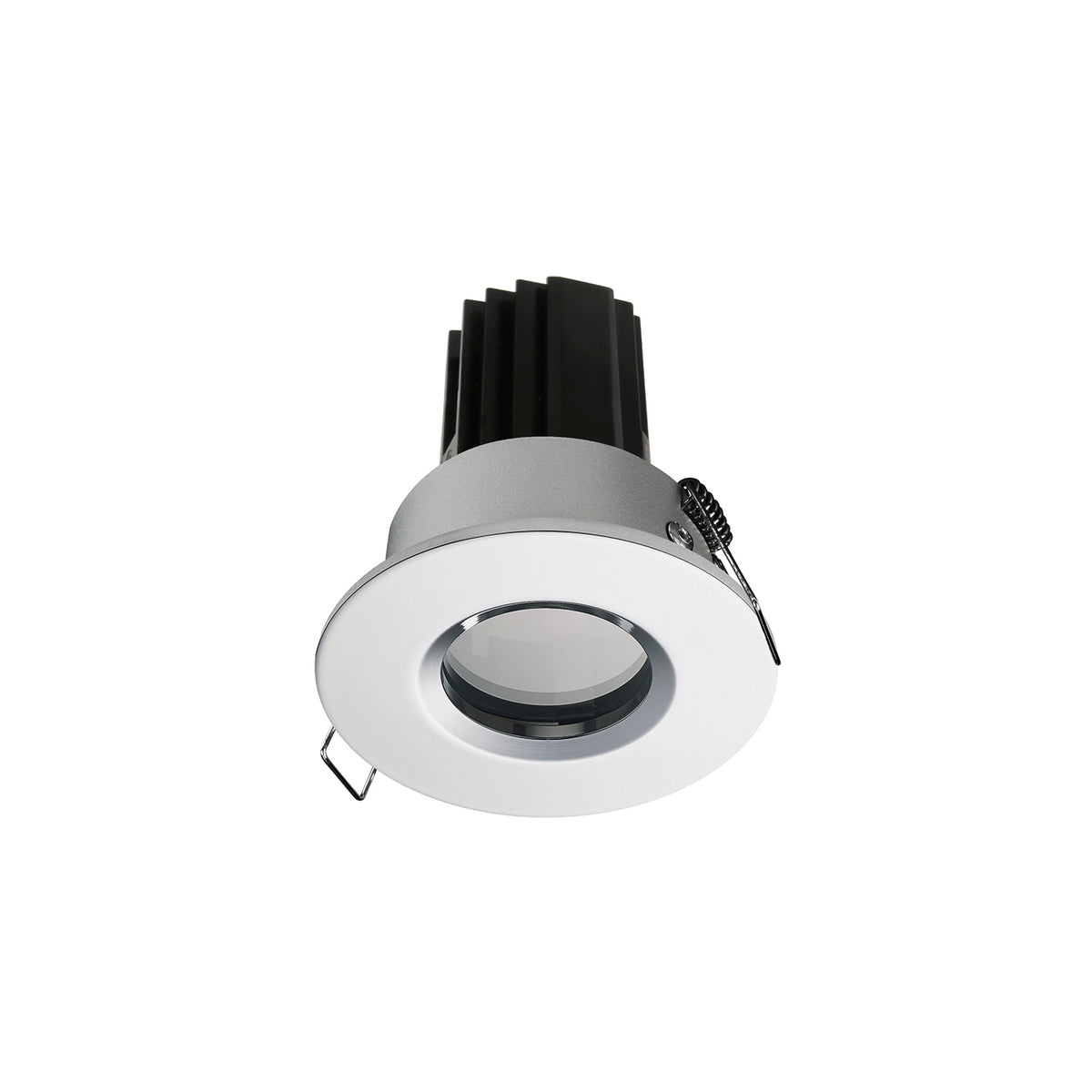 Spot encastrable rond en acier inoxydable vu de trois quarts avec clips de fixation