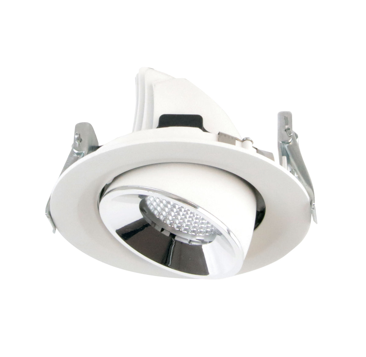 Vue rapprochée du spot blanc incliné, réflecteur métallique et lentille LED au centre.