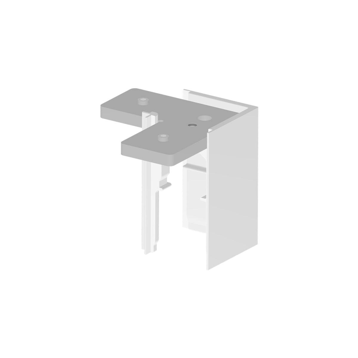 Vue de face du coude blanc pour rail 48 V, plaque et trous de fixation.