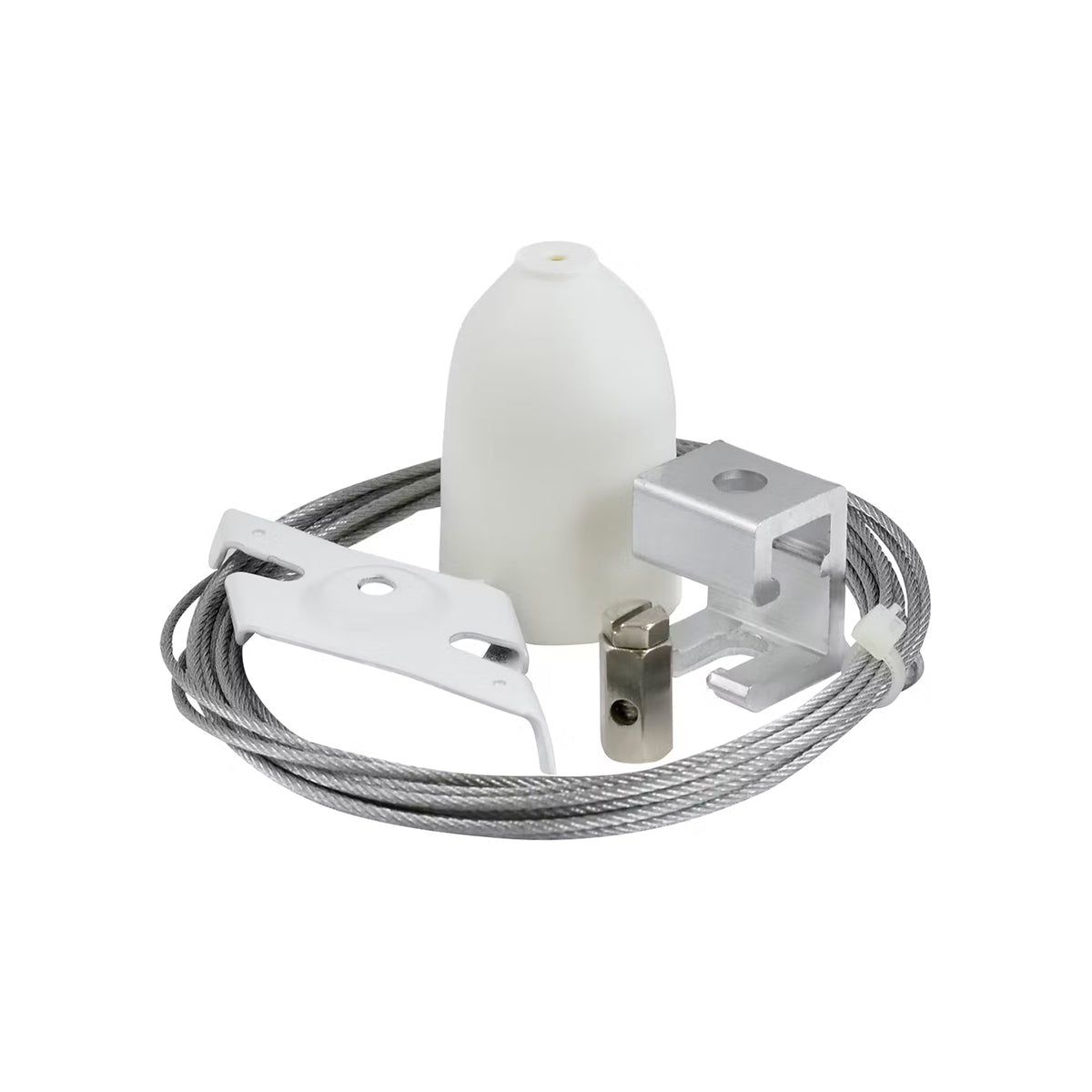 Kit de suspension blanc avec câble acier et fixations, vue de face sur fond blanc.
