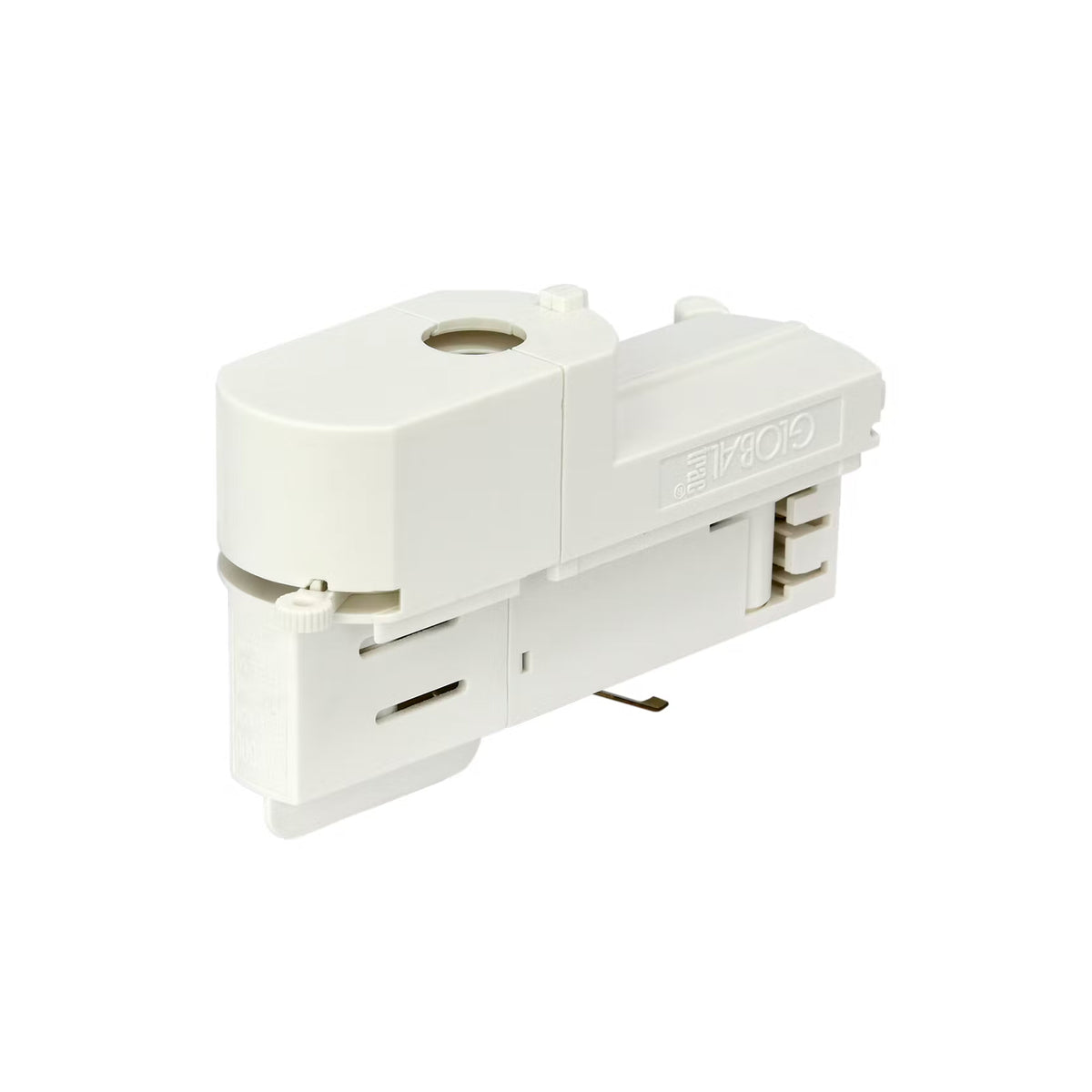 Adaptateur blanc pour rail triphasé, vu de trois quarts avec boîtier compact et embouti.