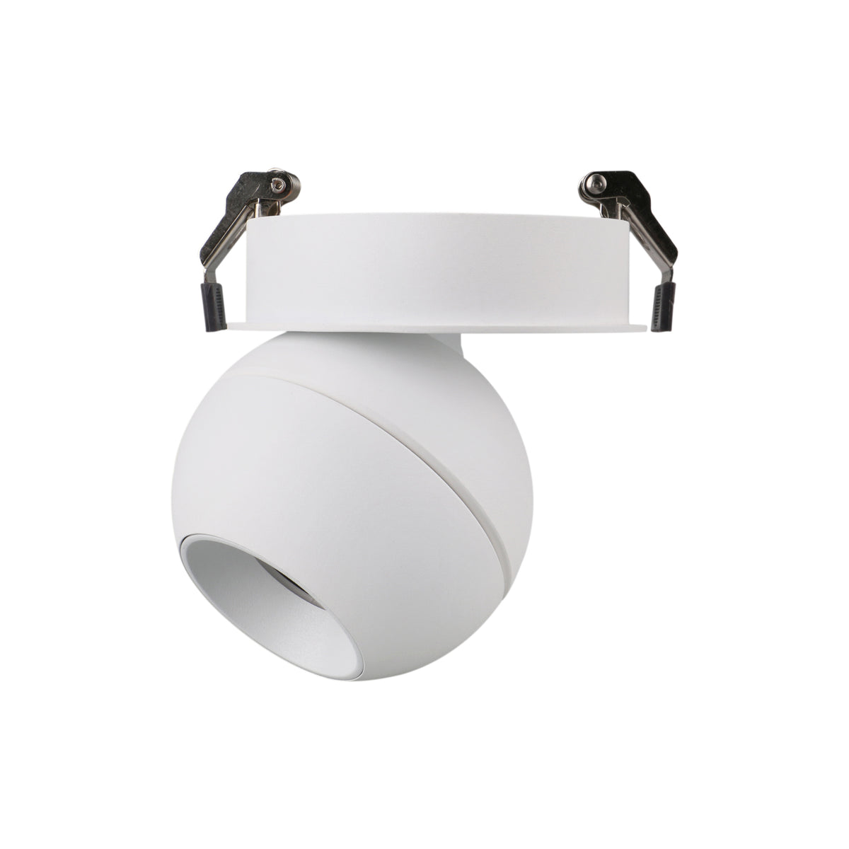 Spot encastrable blanc orientable vu de face avec ressorts de fixation