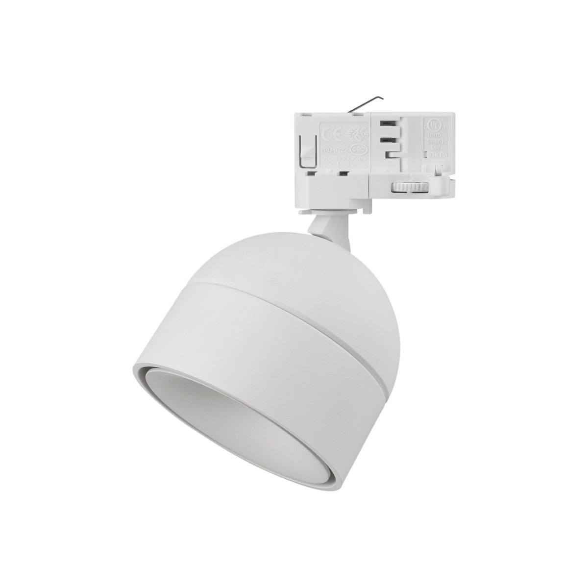 Spot blanc sur rail, orientable, présenté de trois quarts sur fond blanc.