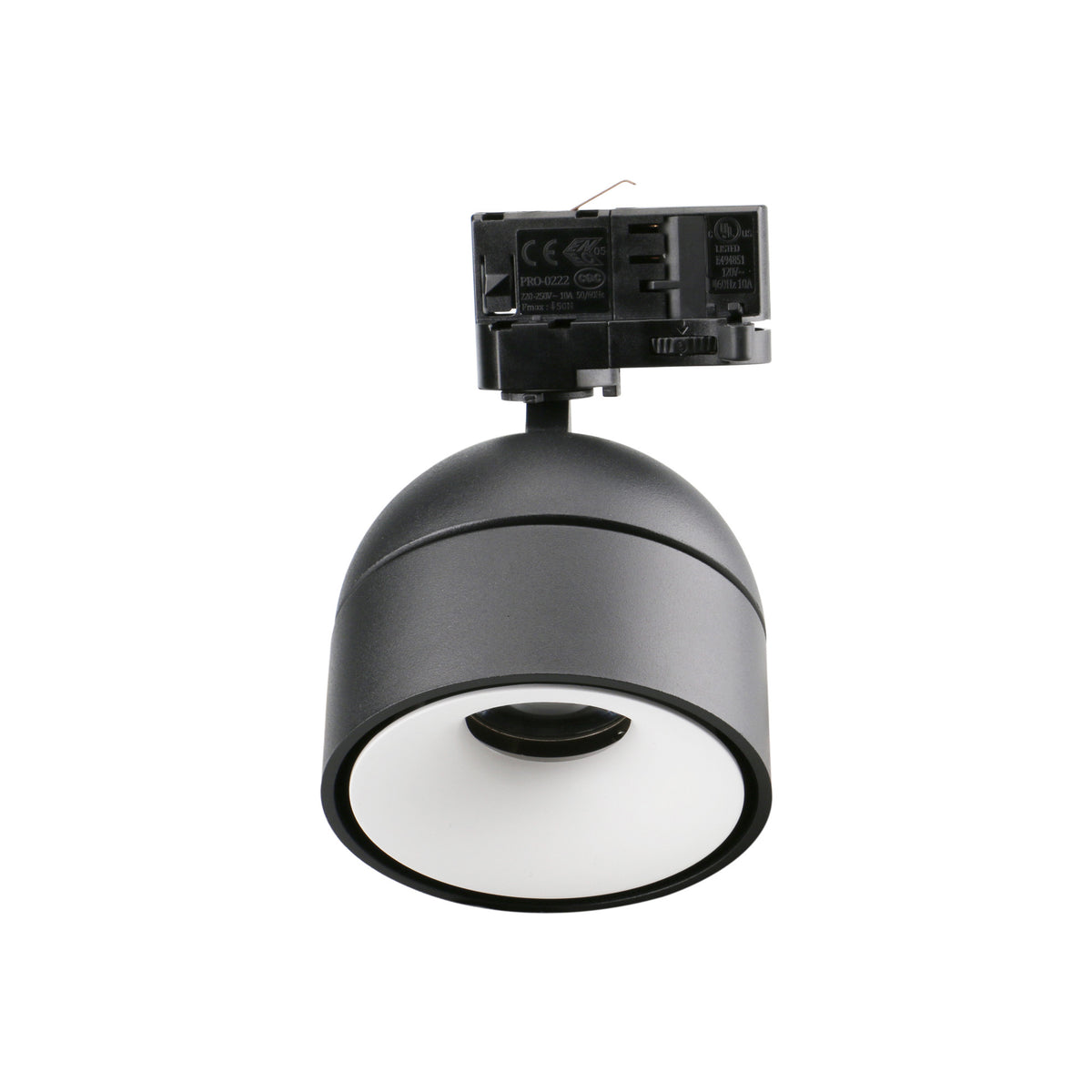 Vue de dessous du spot noir, diffuseur blanc et module central sombre.