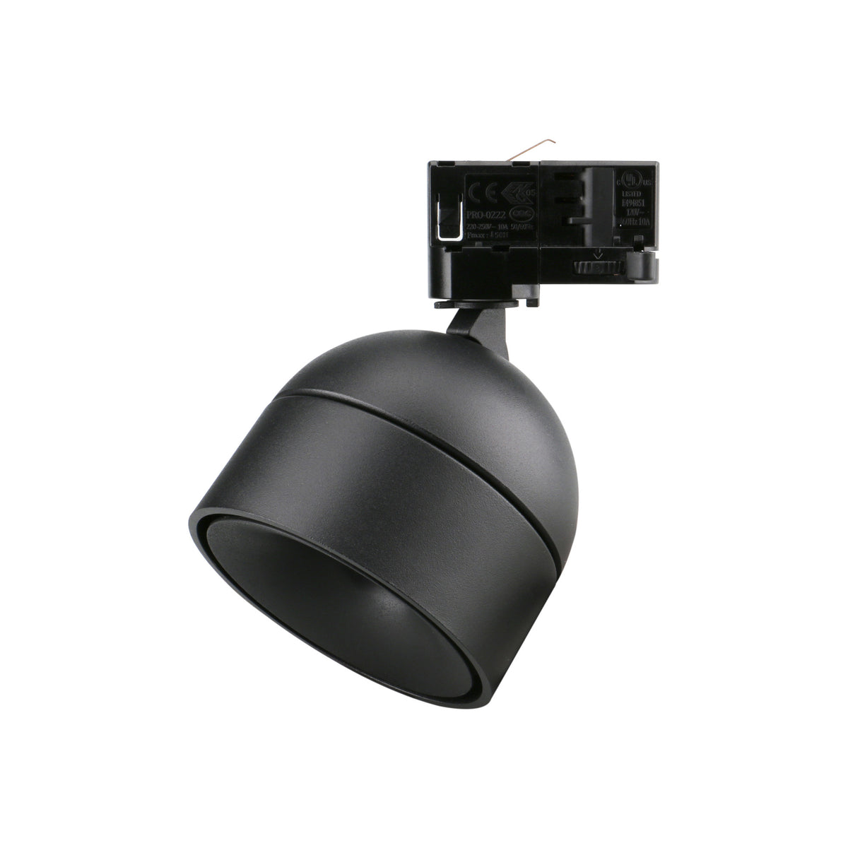 Spot noir sur rail, orientable, corps arrondi et réflecteur intérieur noir.