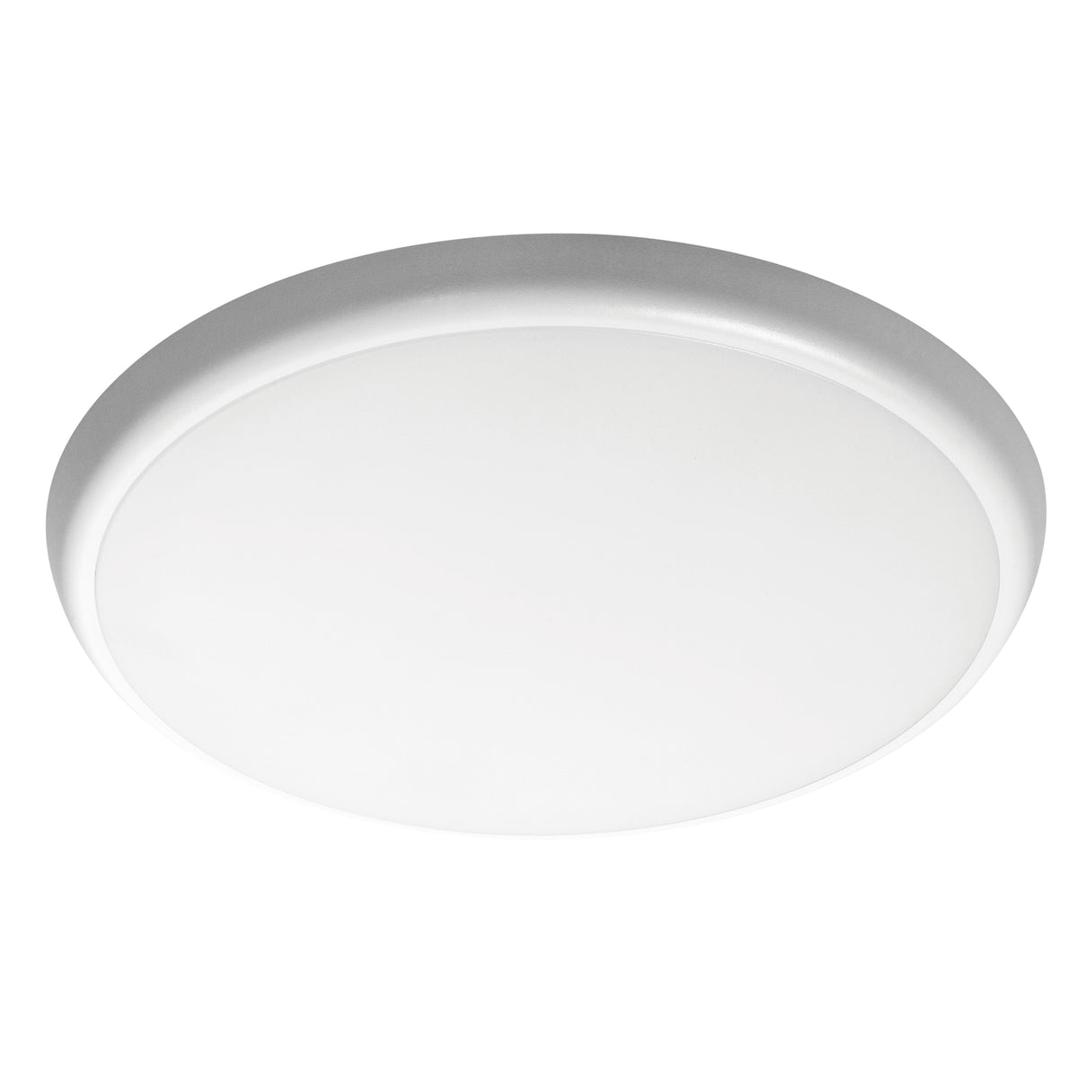 Plafonnier rond blanc et gris vu de face, diffuseur opale et cerclage gris